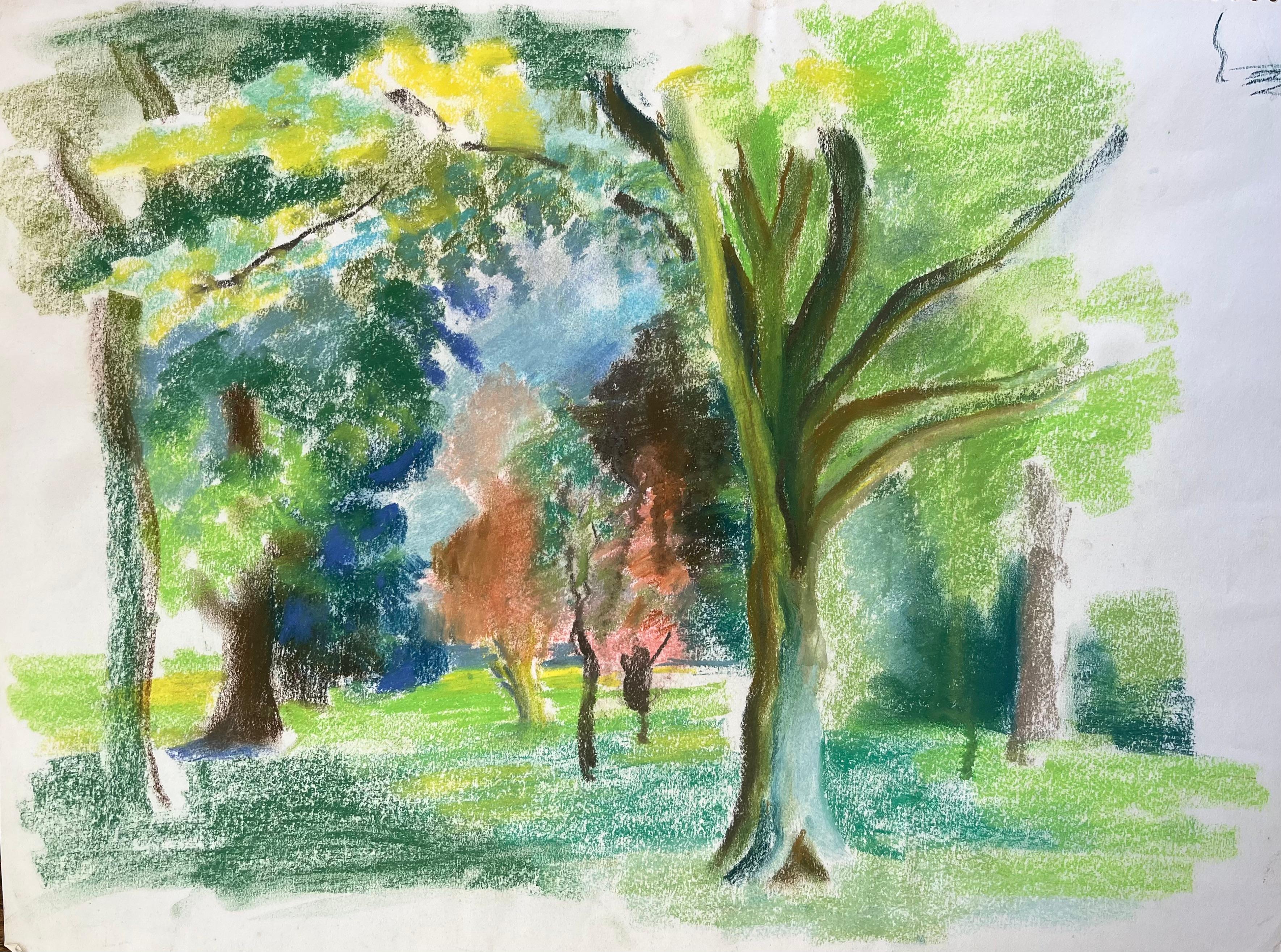 Landscape Painting di Anne Marie Migette Perard - Paesaggio a pastello francese della metà del XX secolo con alberi in un giardino pubblico illuminato dal sole
