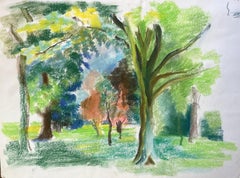 Paisaje al pastel francés de mediados del siglo XX de árboles en un jardín público iluminado por el sol