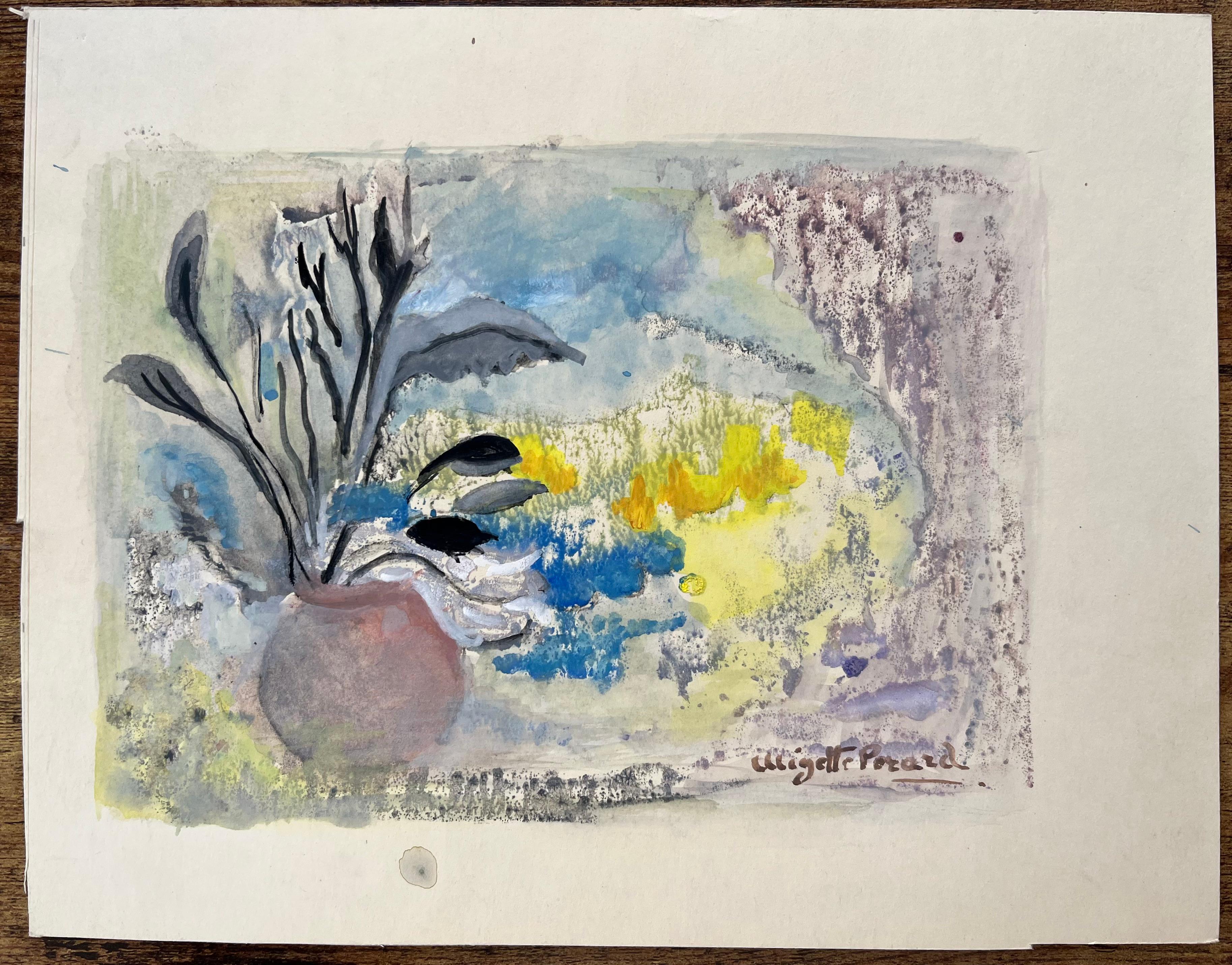 Natura morta acquerellata francese della metà del XX secolo con composizione floreale astratta - Painting di Anne Marie Migette Perard