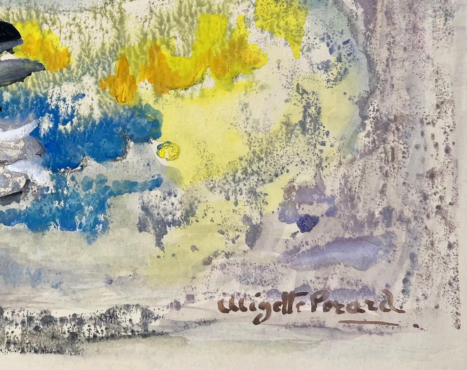 Natura morta acquerellata francese della metà del XX secolo con composizione floreale astratta - Landscape Painting Grigio di Anne Marie Migette Perard