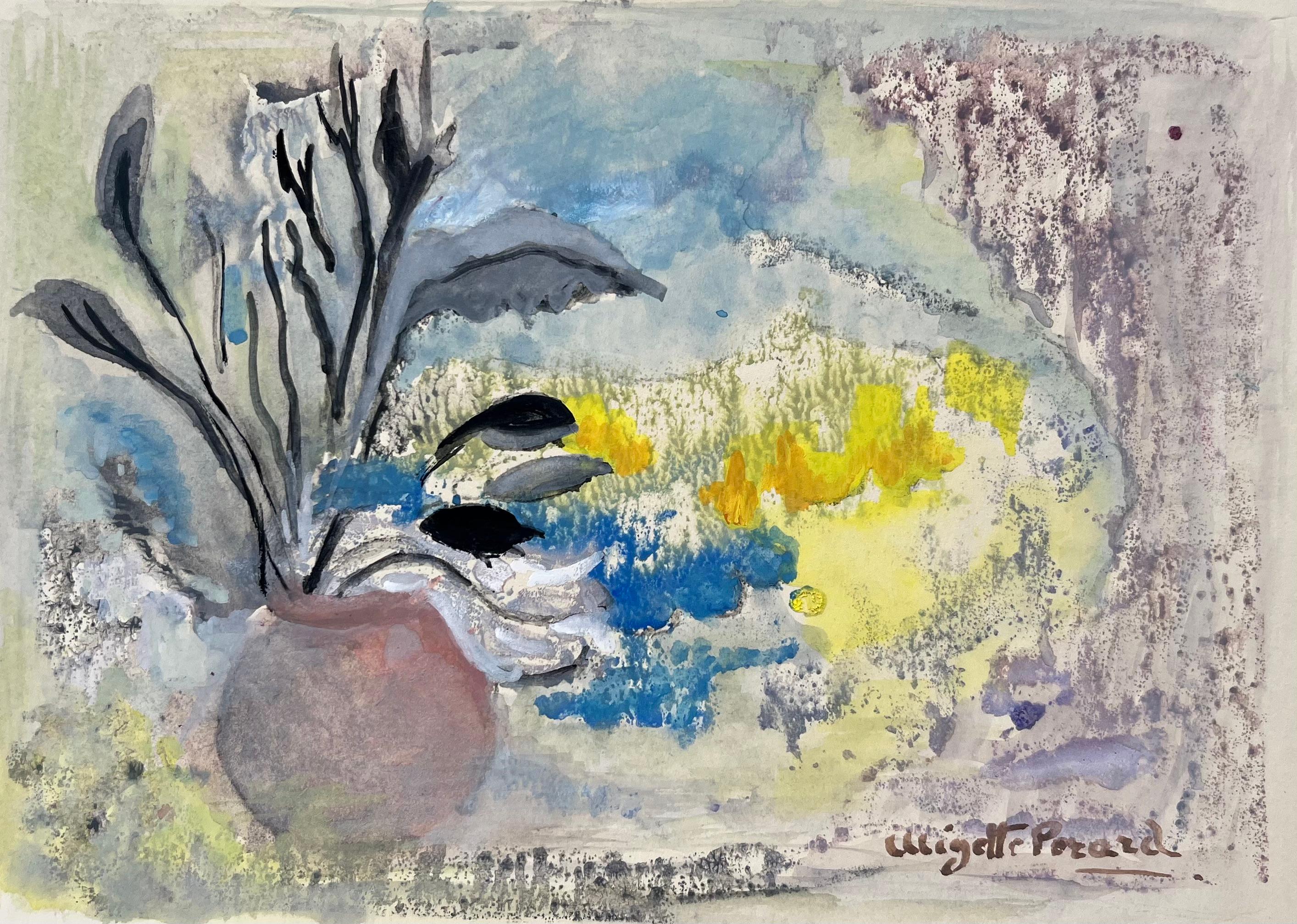 Landscape Painting di Anne Marie Migette Perard - Natura morta acquerellata francese della metà del XX secolo con composizione floreale astratta