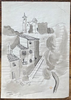 Mid-20th Century Ink Drawing of Spanish Architecture and Church Towers in Lorca