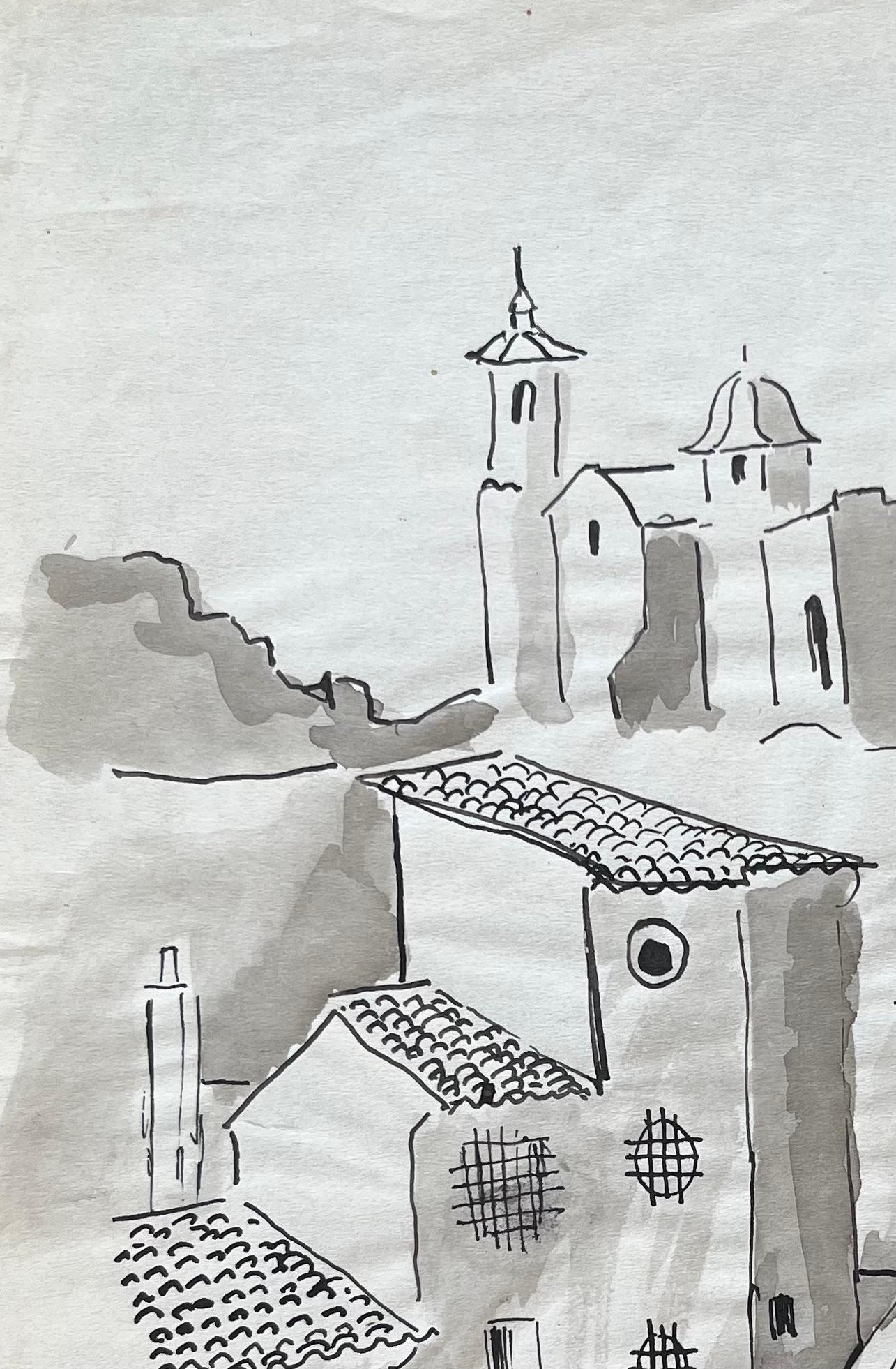 Disegno a inchiostro della metà del XX secolo dell'architettura spagnola e delle torri di una chiesa a Lorca - Painting Postimpressionismo di Anne Marie Migette Perard