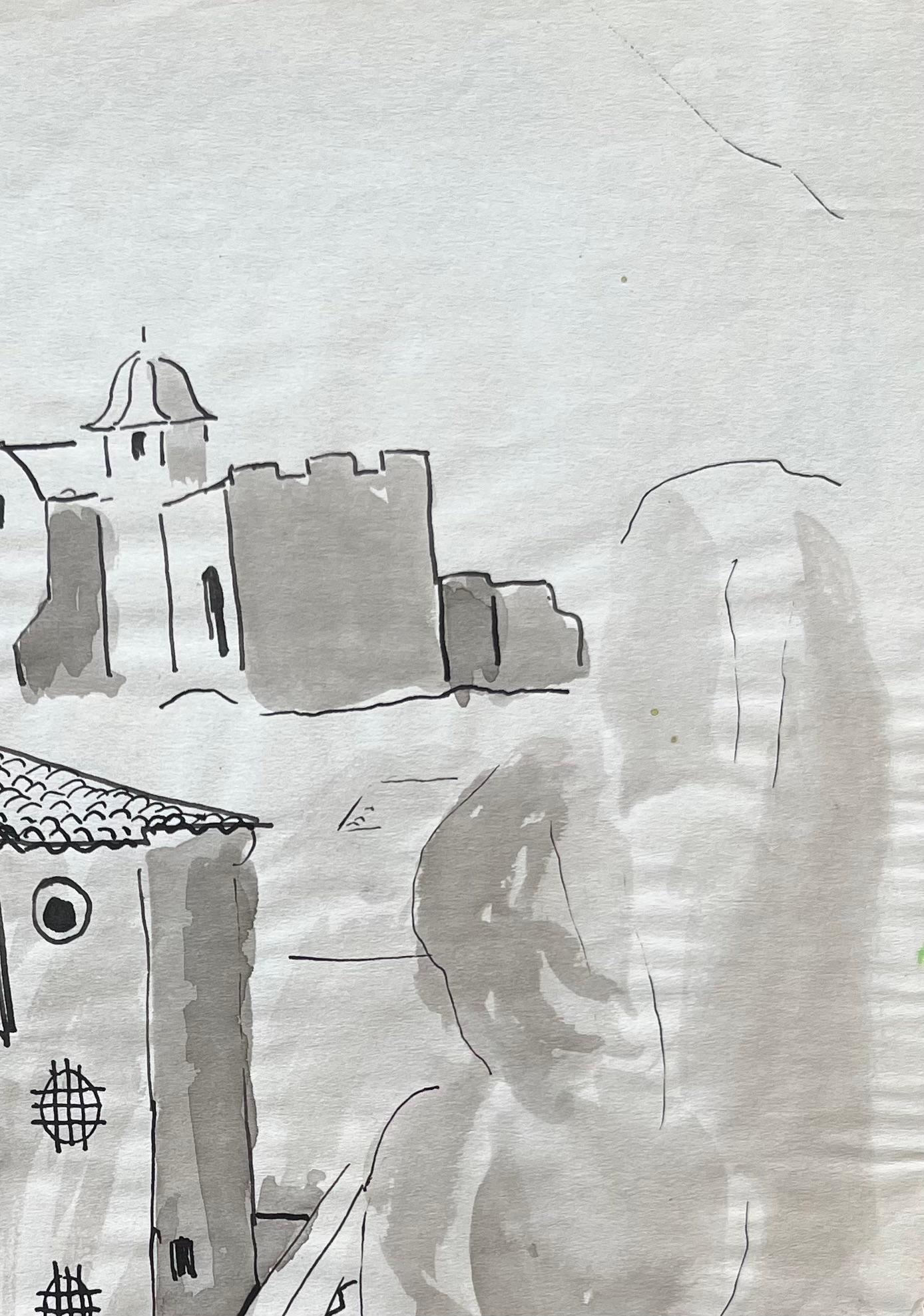 Disegno a inchiostro della metà del XX secolo dell'architettura spagnola e delle torri di una chiesa a Lorca - Figurative Painting Grigio di Anne Marie Migette Perard