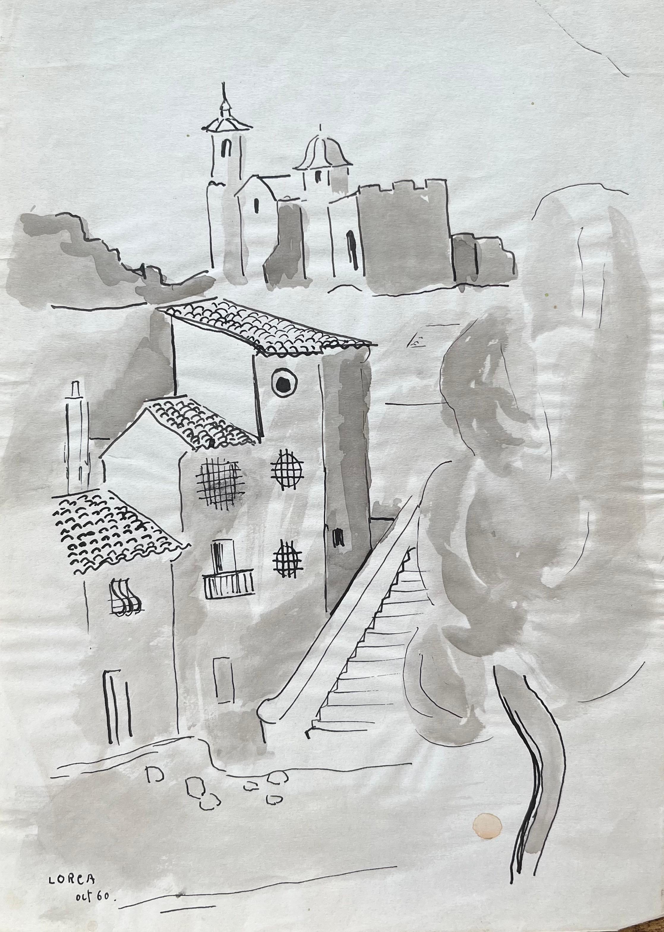 Figurative Painting di Anne Marie Migette Perard - Disegno a inchiostro della metà del XX secolo dell'architettura spagnola e delle torri di una chiesa a Lorca