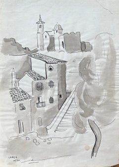 Mid-20th Century Ink Drawing of Spanish Architecture and Church Towers in Lorca