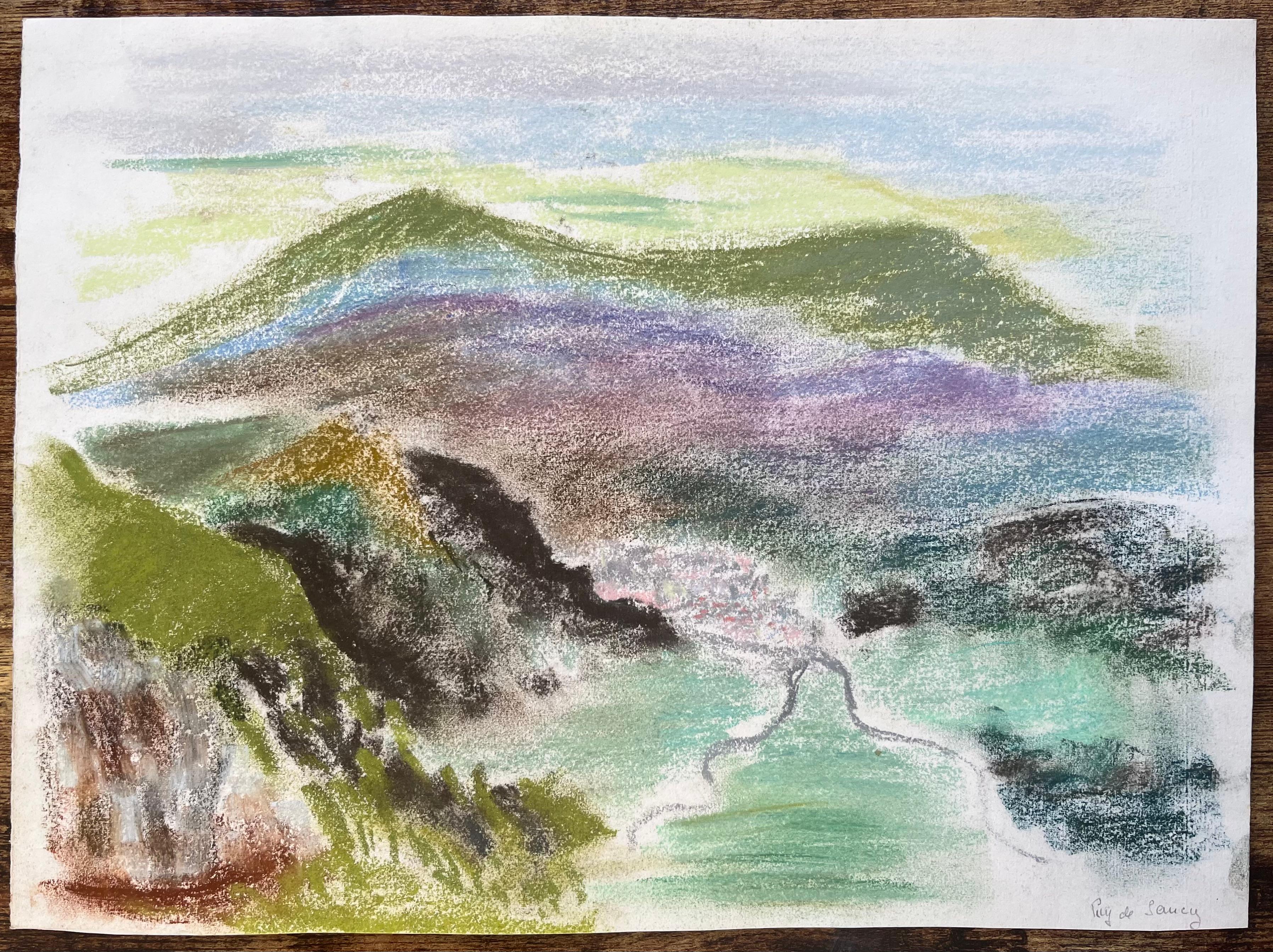 Paysage pastel du milieu du 20e siècle du volcan de Pey de Sancy en France - Painting de Anne Marie Migette Perard