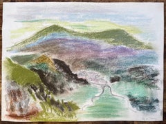 Paisaje al pastel de mediados del siglo XX del volcán Pey de Sancy en Francia