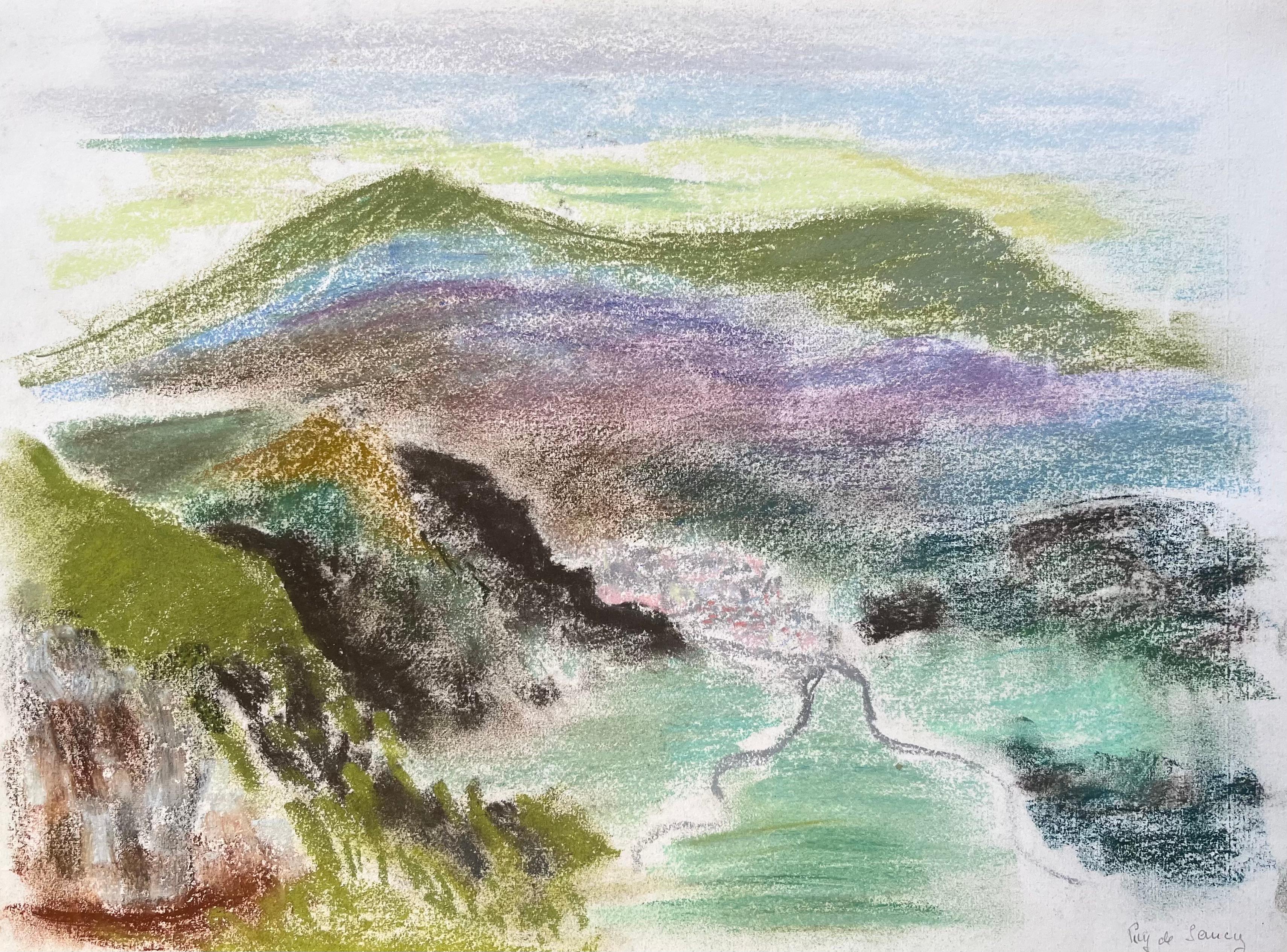 Figurative Painting Anne Marie Migette Perard - Paysage pastel du milieu du 20e siècle du volcan de Pey de Sancy en France