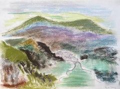 Mid-20th Century Pastel Landscape of Pey de Sancy Volcano in France