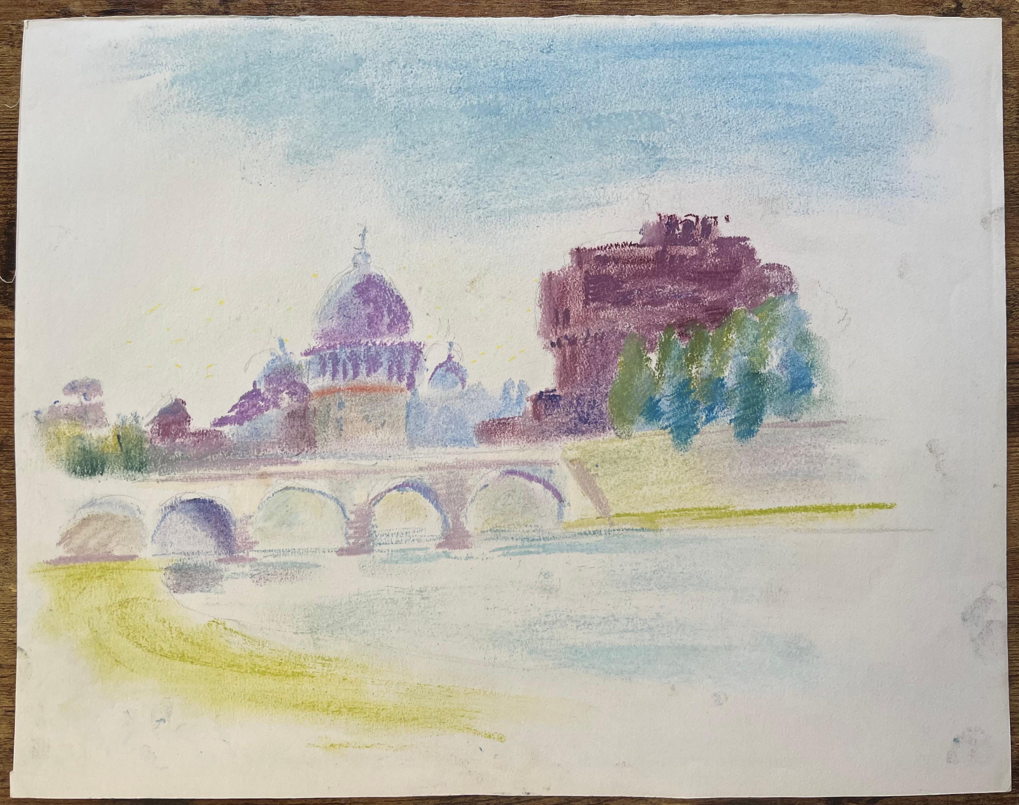 Pastell der Engelsburg und der Kuppel des Petersdoms in Rom aus der Mitte des 20. – Painting von Anne Marie Migette Perard