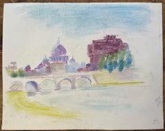 Pastel du milieu du XXe siècle représentant le château Saint-Ange et le dôme de Saint-Pierre à Rome