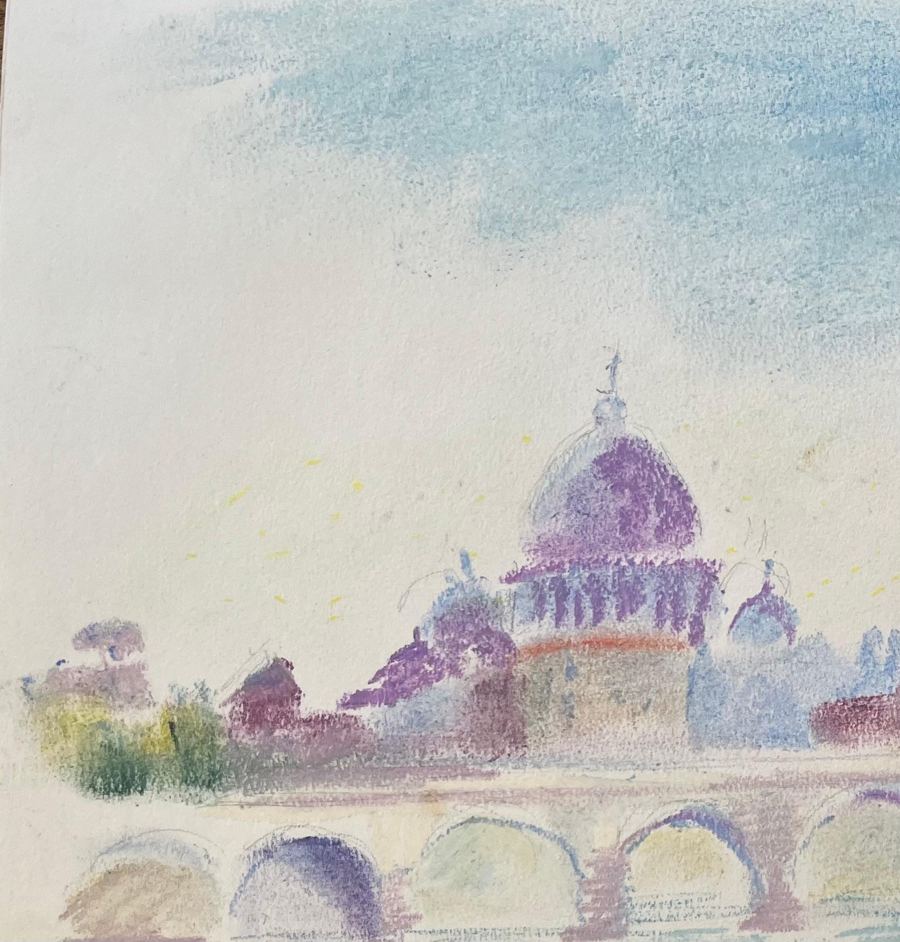 Pastell der Engelsburg und der Kuppel des Petersdoms in Rom aus der Mitte des 20. (Post-Impressionismus), Painting, von Anne Marie Migette Perard