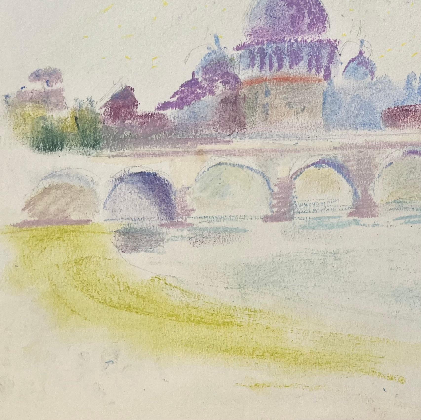 Titel: Pastell der Engelsburg und der Kuppel des Petersdoms in Rom, Mitte des 20.
von Anne-Marie Migette Perard (Französisch 1902-1977)
Medium: Pastell auf ungerahmtem Papier
Größe: 11,75 Zoll (Höhe) x 15,25 Zoll (Breite) 
Zustand: Wie bei