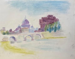 Pastel du milieu du XXe siècle représentant le château Saint-Ange et le dôme de Saint-Pierre à Rome