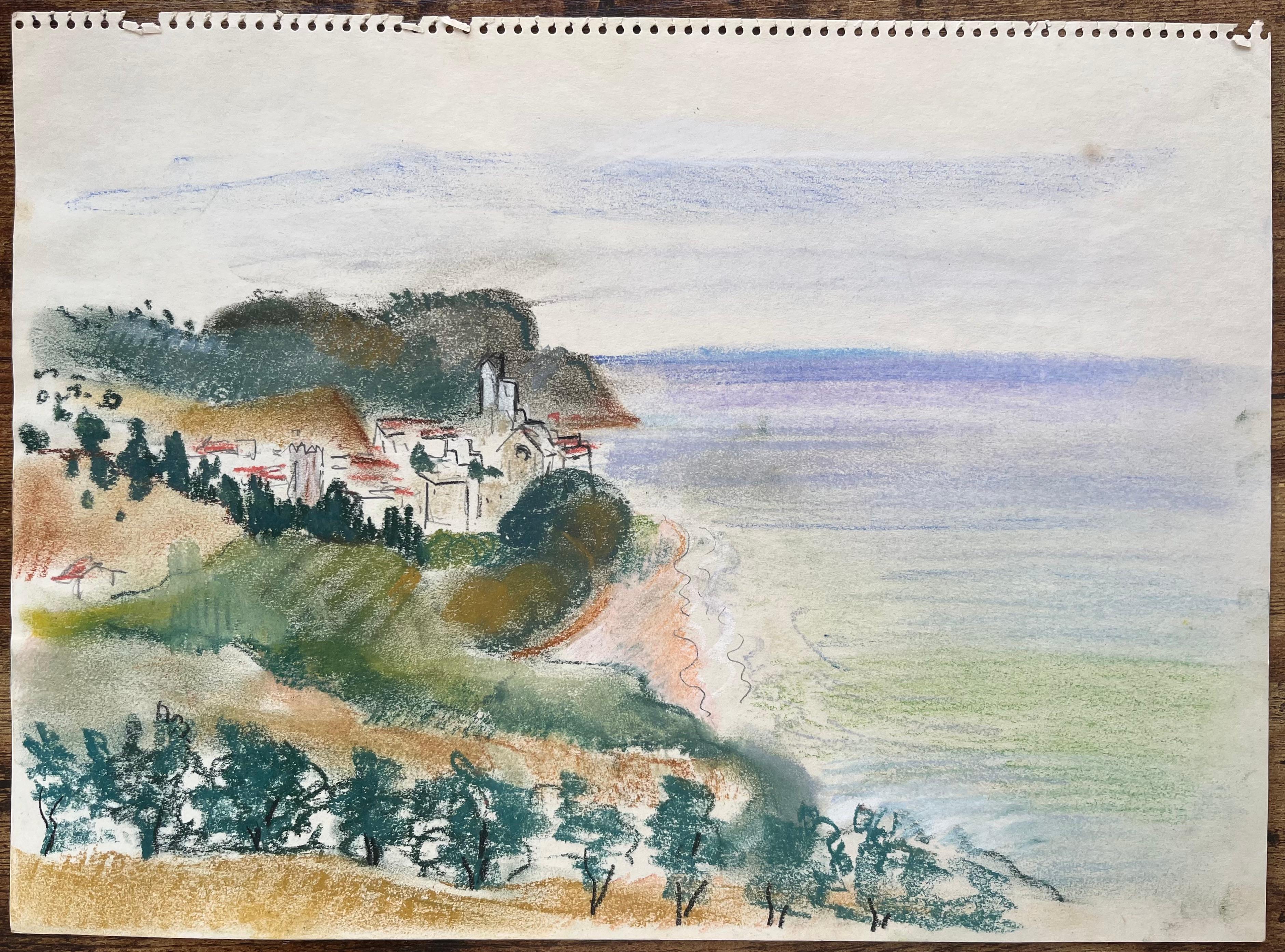 Pastel de mediados del siglo XX de escena costera con pueblo e iglesia en el acantilado - Painting de Anne Marie Migette Perard