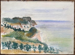 Mid-20th Century Pastel of Coastal Scene with Village and Clifftop Church