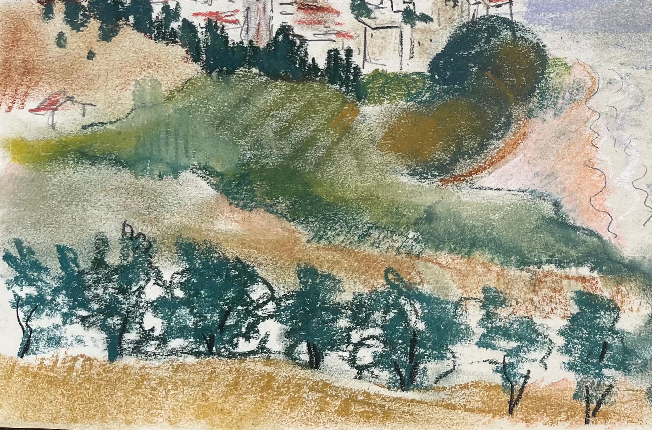 Pastel de mediados del siglo XX de escena costera con pueblo e iglesia en el acantilado - Painting Posimpresionista de Anne Marie Migette Perard