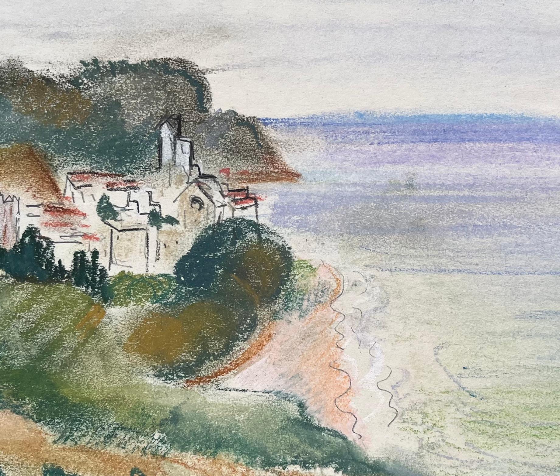Pastel de mediados del siglo XX de escena costera con pueblo e iglesia en el acantilado en venta 2