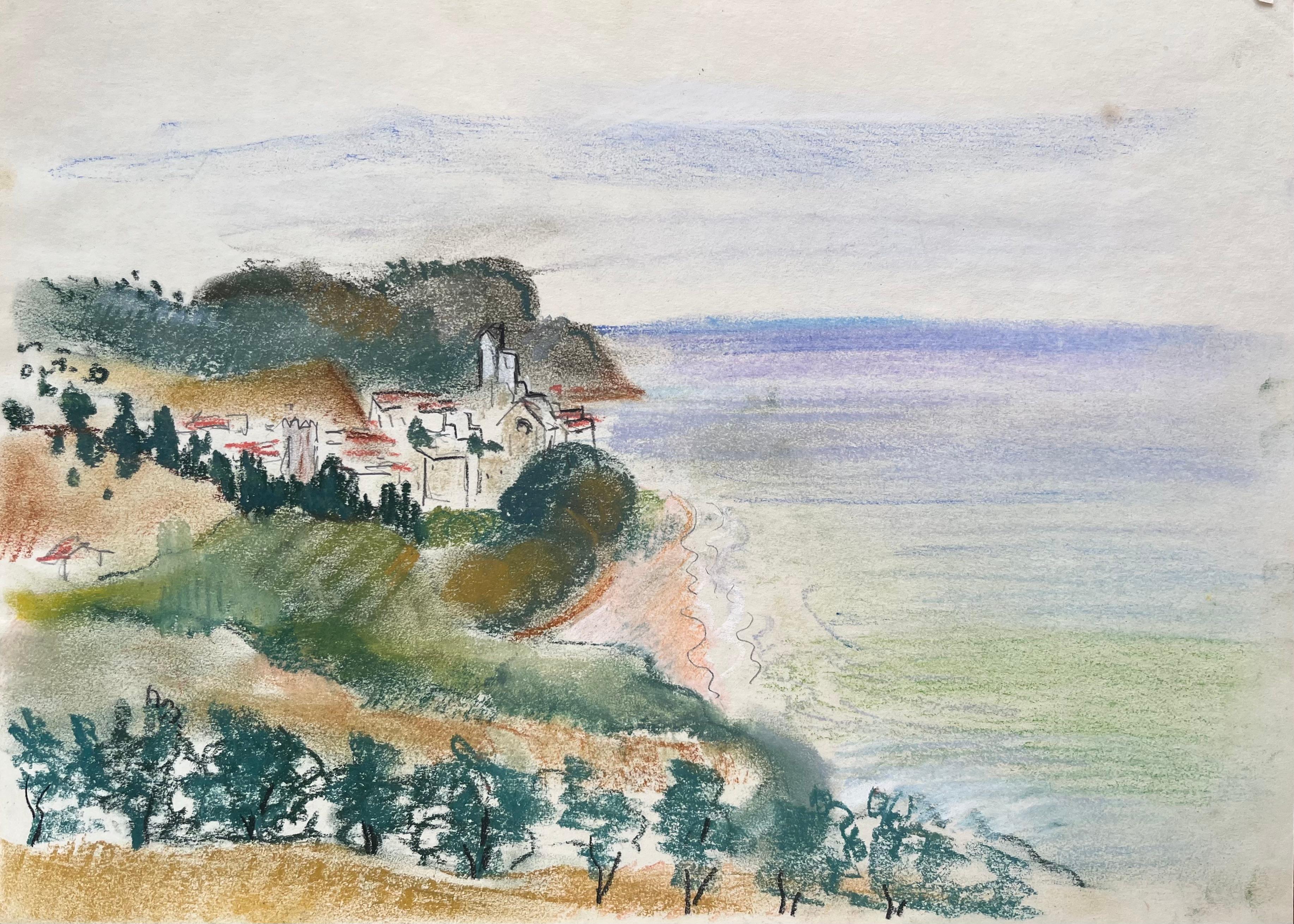 Figurative Painting de Anne Marie Migette Perard - Pastel de mediados del siglo XX de escena costera con pueblo e iglesia en el acantilado