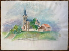 Mid-20th Century Pastel of French Countryside Church with Bell Tower