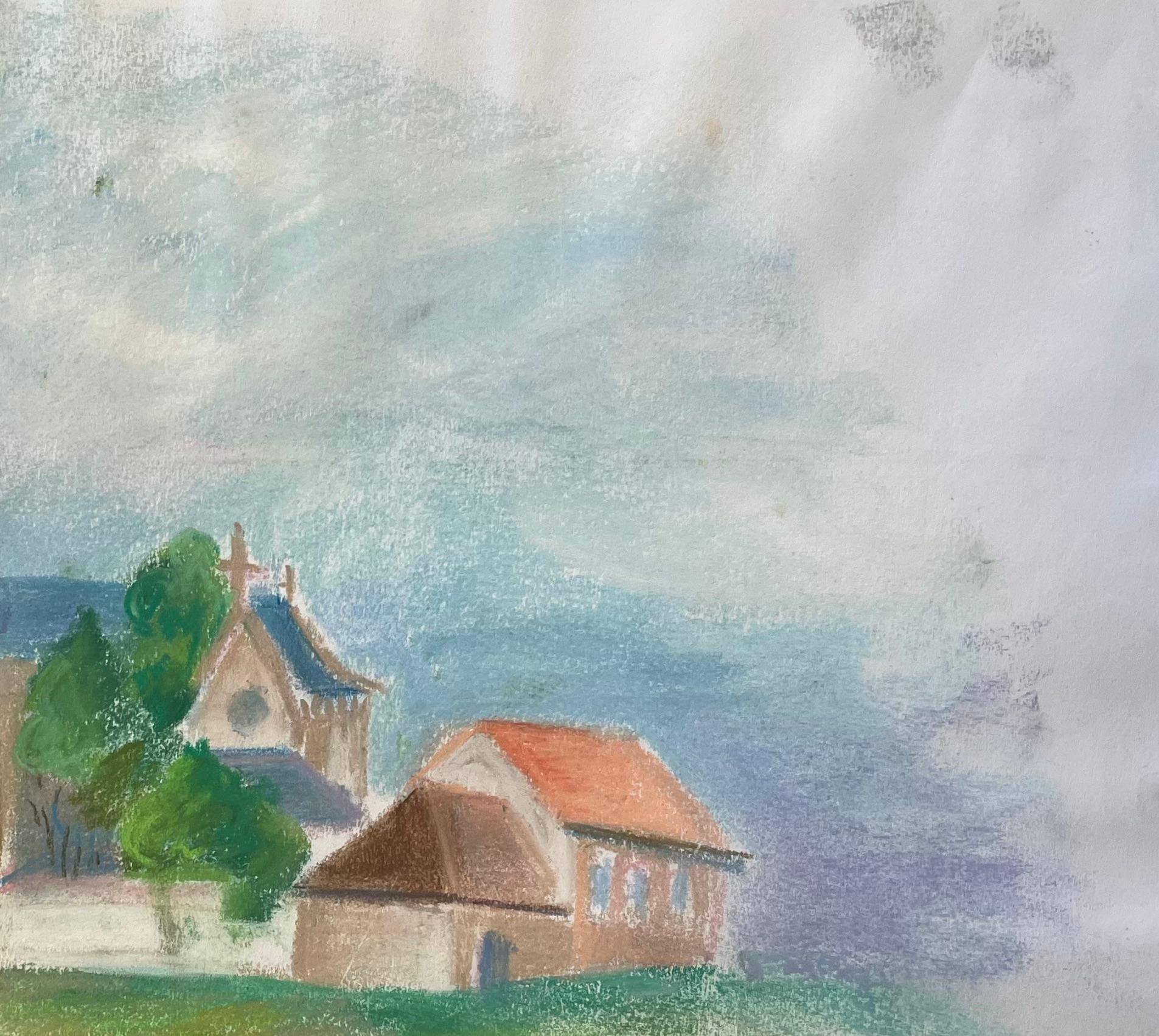 Titolo: Pastello della metà del 20° secolo di una chiesa di campagna francese con campanile
di Anne Marie Migette Perard (francese, 1902-1977)
Medio: Pastello su carta non incorniciata
Dimensioni: 15,25 pollici (altezza) x 20,5 pollici (larghezza)