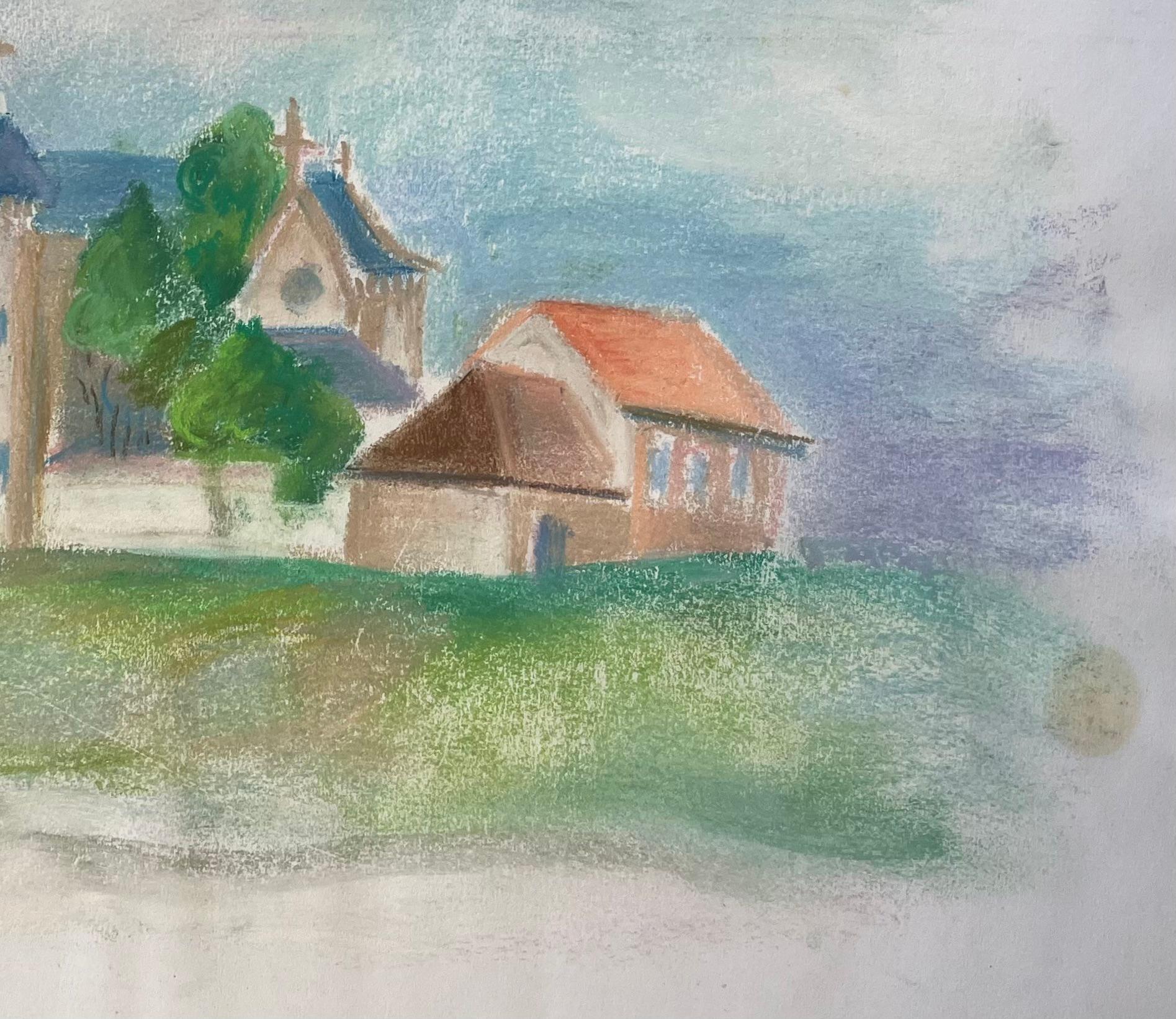 Pastello della metà del 20° secolo raffigurante una chiesa di campagna francese con campanile in vendita 1