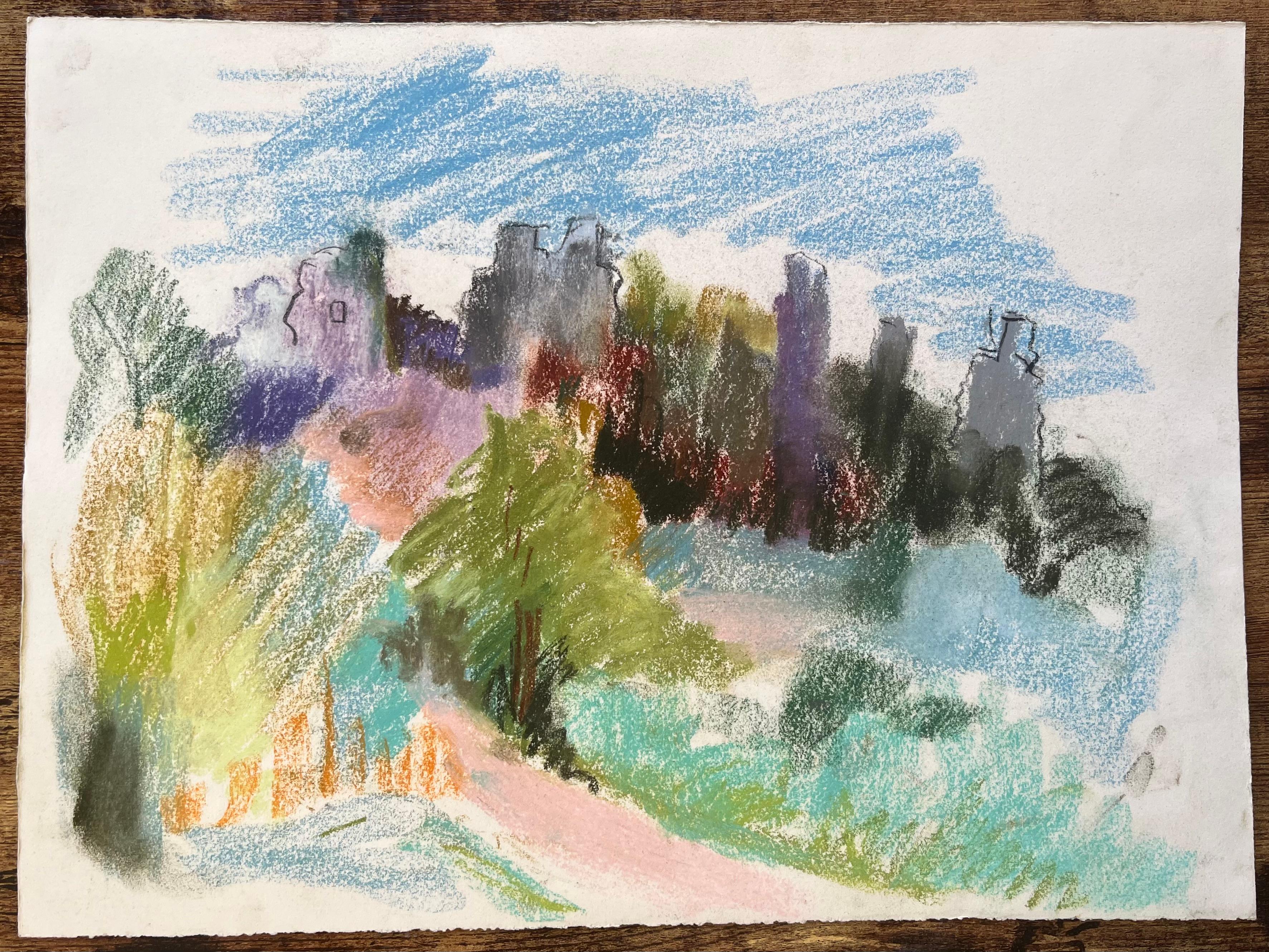 Pastel de mediados del siglo XX de unas ruinas en lo alto de una colina y un camino forestal en Francia - Painting de Anne Marie Migette Perard