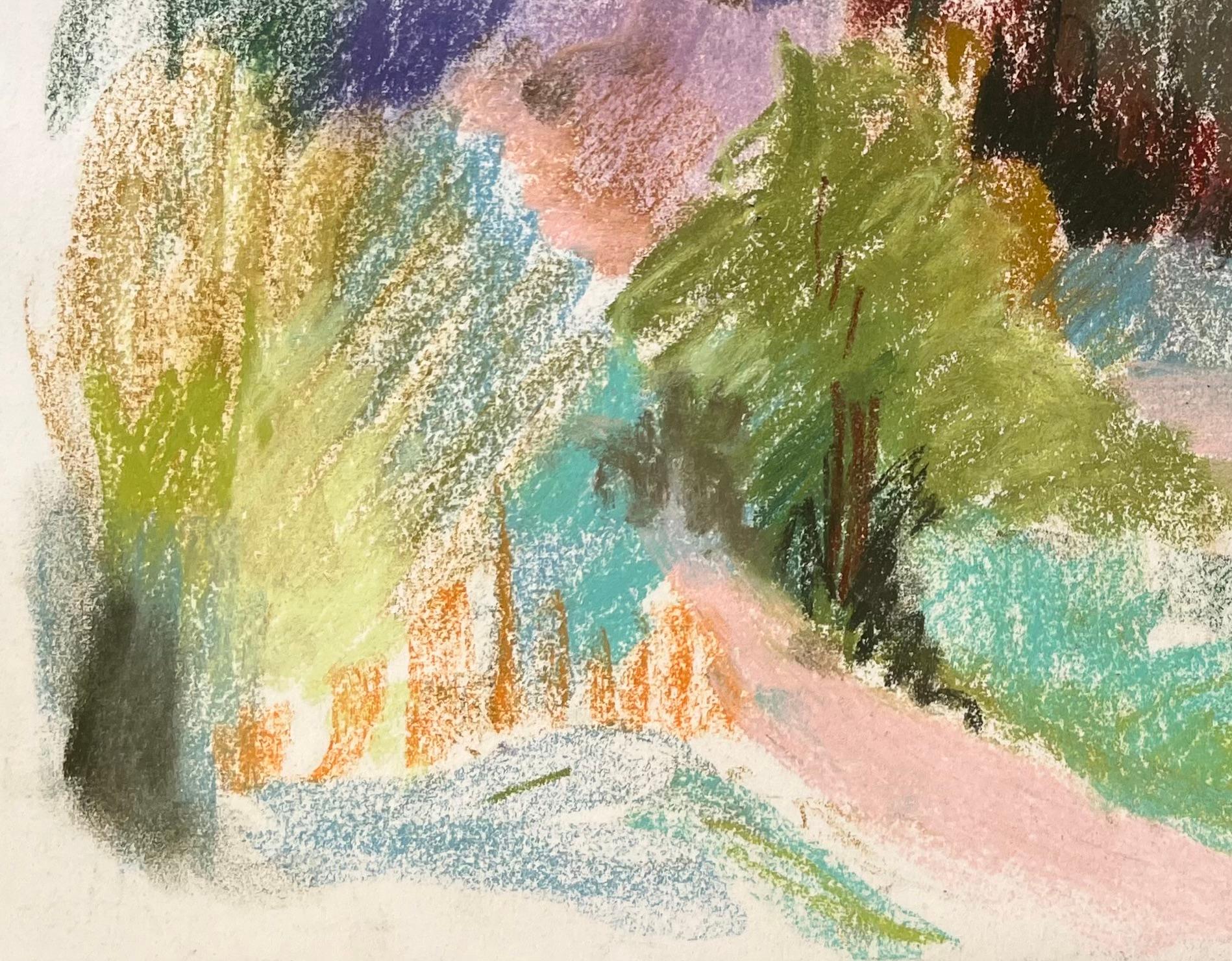 Pastel de mediados del siglo XX de unas ruinas en lo alto de una colina y un camino forestal en Francia - Landscape Painting Gris de Anne Marie Migette Perard