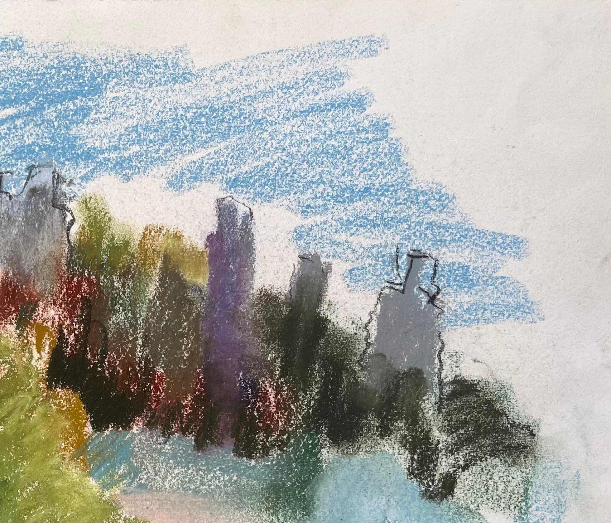 Título: Pastel de mediados del siglo XX de ruinas en la cima de una colina y camino forestal en Francia
de Anne Marie Migette Perard (francesa 1902-1977)
Soporte: Pastel sobre papel sin enmarcar
Tamaño: 11 pulgadas (alto) x 14,75 pulgadas (ancho)
