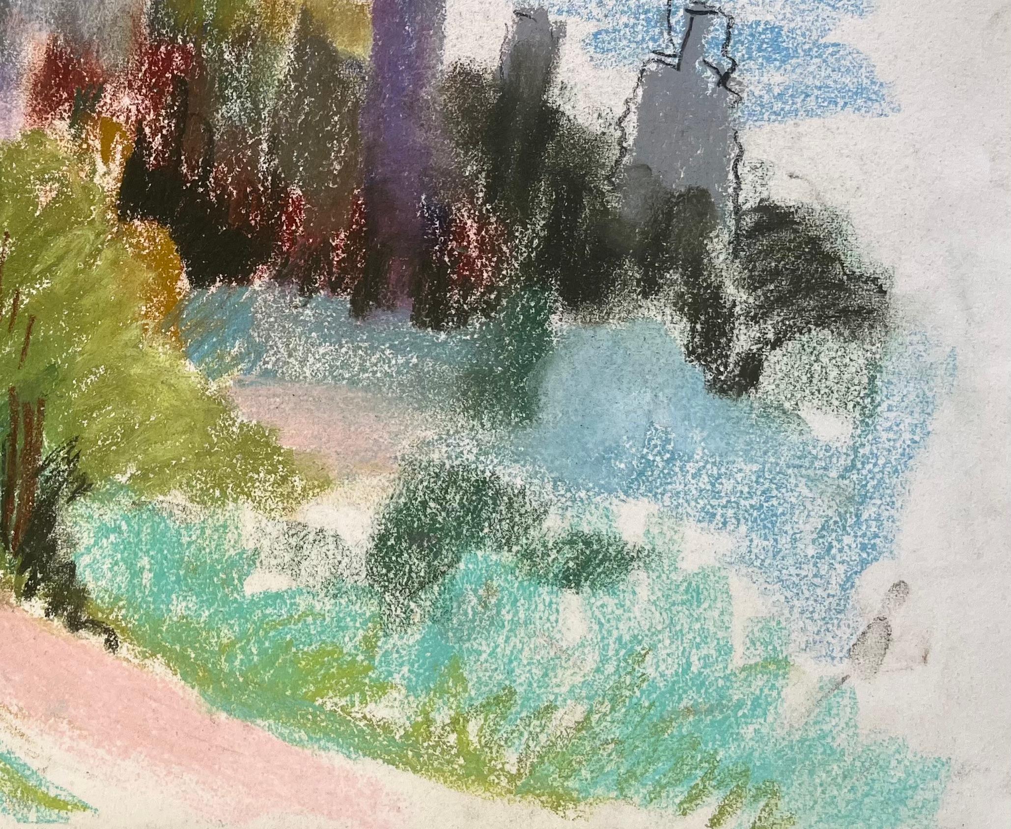 Pastel de mediados del siglo XX de unas ruinas en lo alto de una colina y un camino forestal en Francia en venta 1
