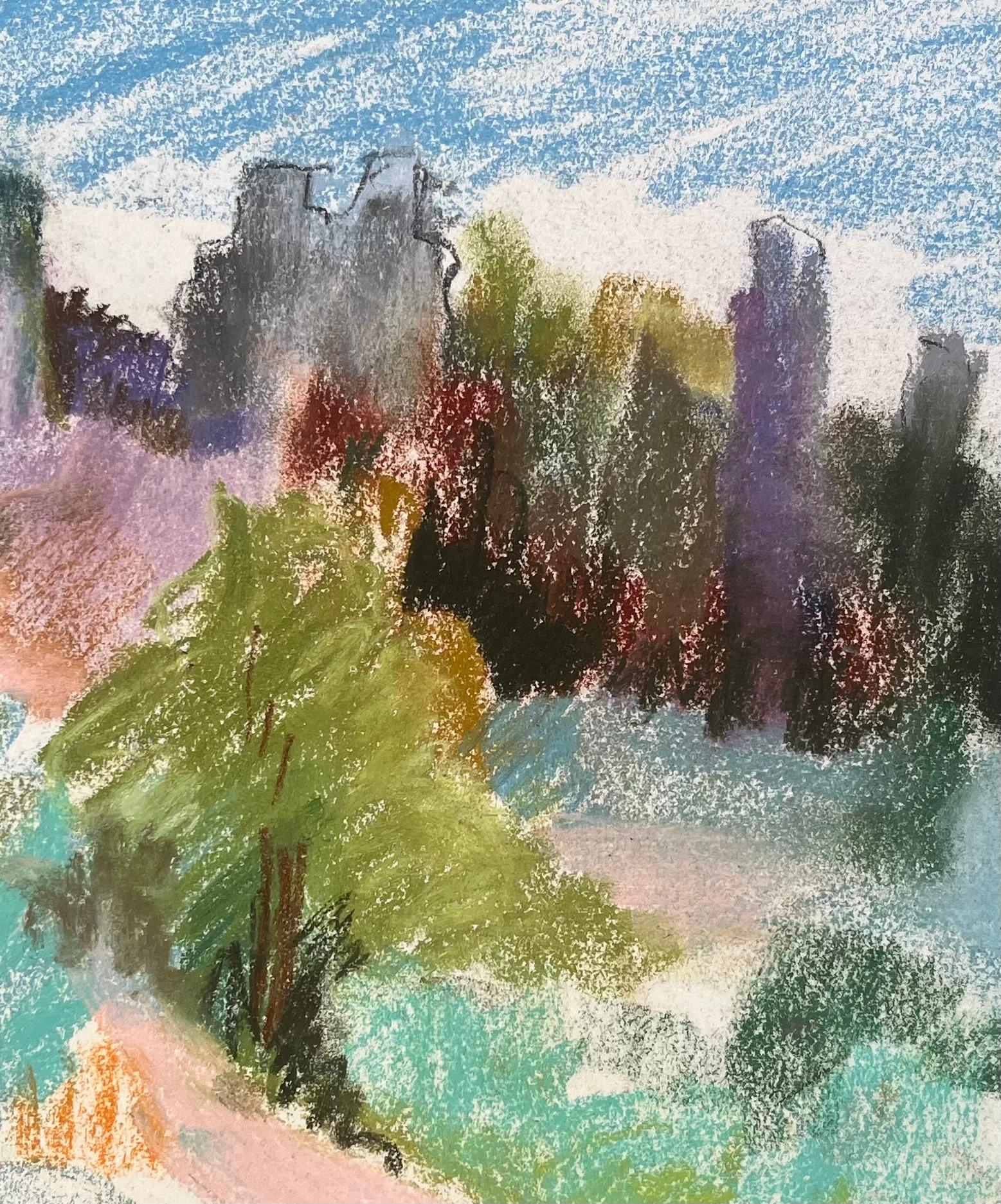 Pastel de mediados del siglo XX de unas ruinas en lo alto de una colina y un camino forestal en Francia en venta 2