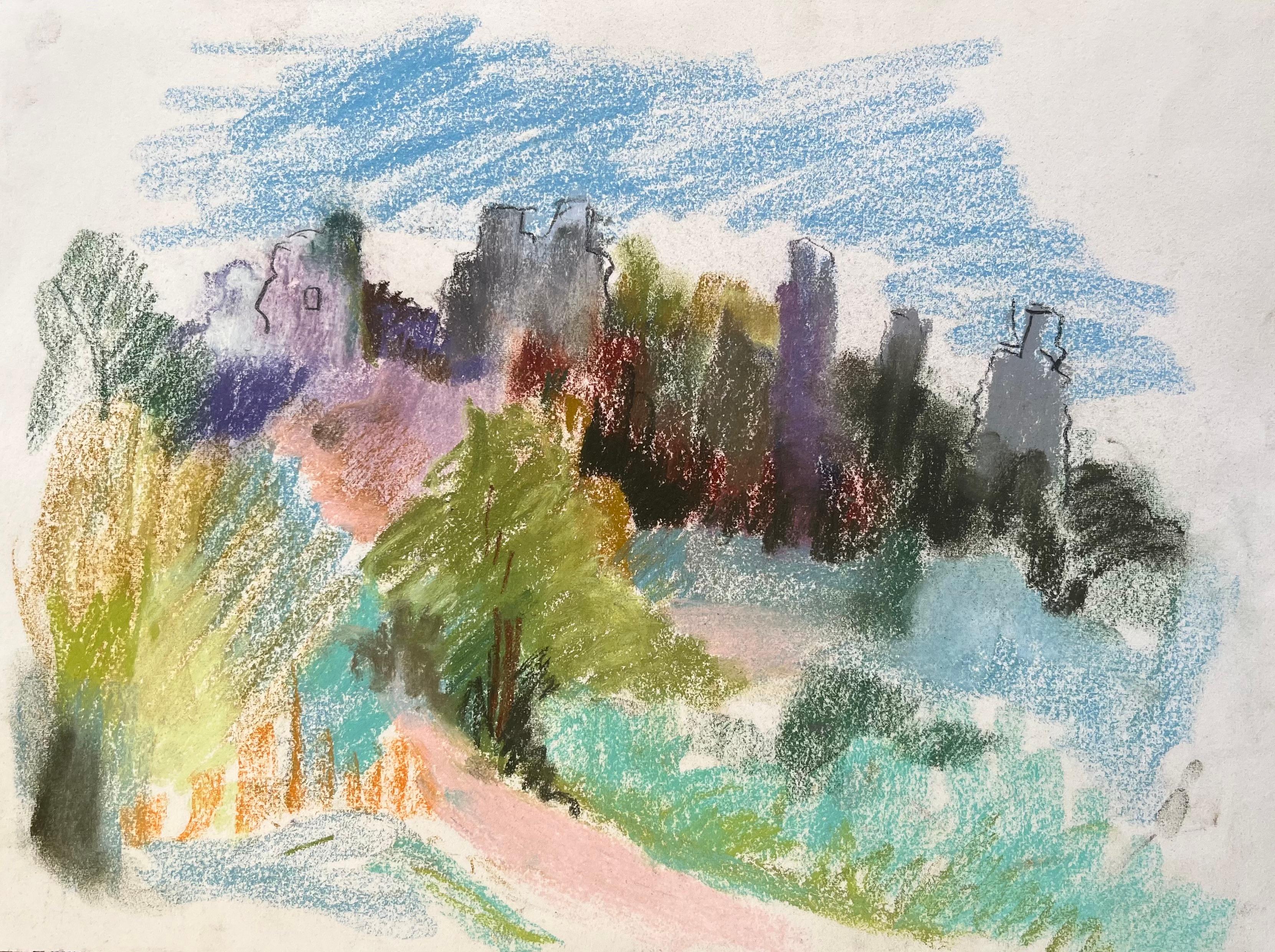 Landscape Painting de Anne Marie Migette Perard - Pastel de mediados del siglo XX de unas ruinas en lo alto de una colina y un camino forestal en Francia