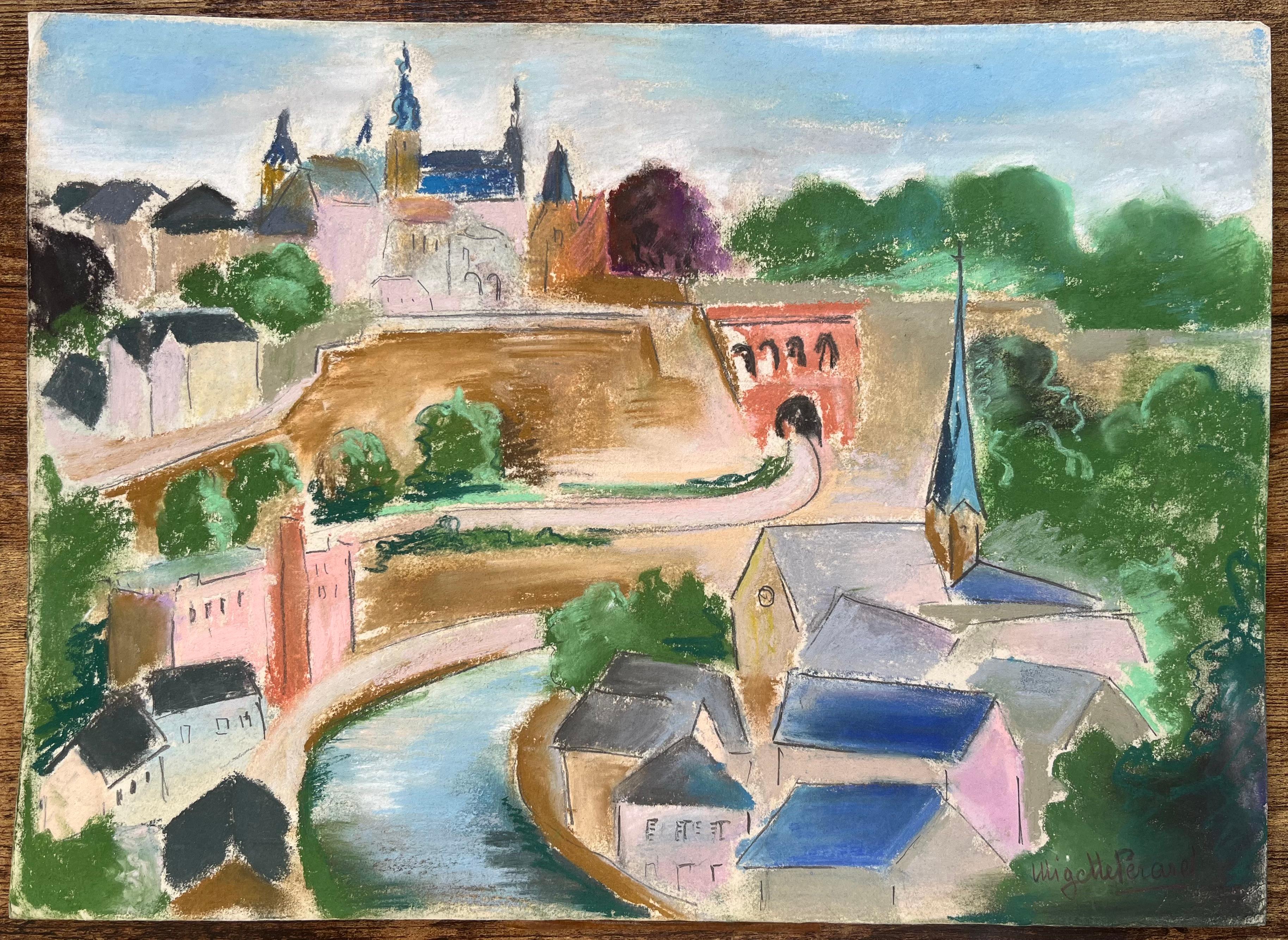 Pastel de mediados del siglo XX de la ciudad de Luxemburgo con el muro de fortificación y el río - Painting de Anne Marie Migette Perard