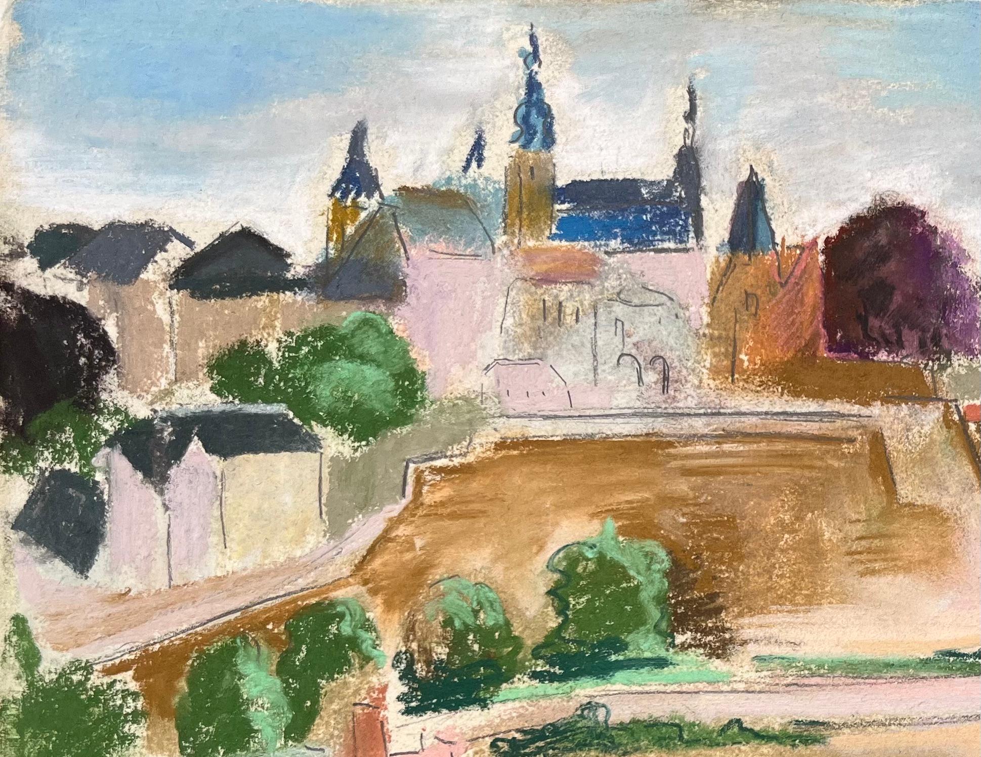 Pastel de mediados del siglo XX de la ciudad de Luxemburgo con el muro de fortificación y el río - Painting Posimpresionista de Anne Marie Migette Perard