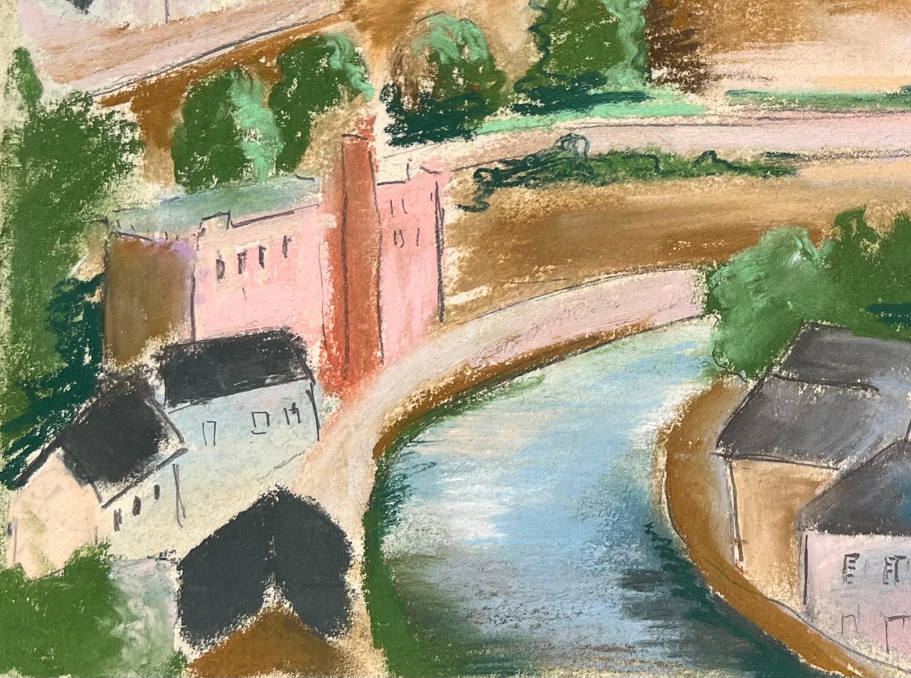 Pastel de mediados del siglo XX de la ciudad de Luxemburgo con el muro de fortificación y el río - Landscape Painting Gris de Anne Marie Migette Perard