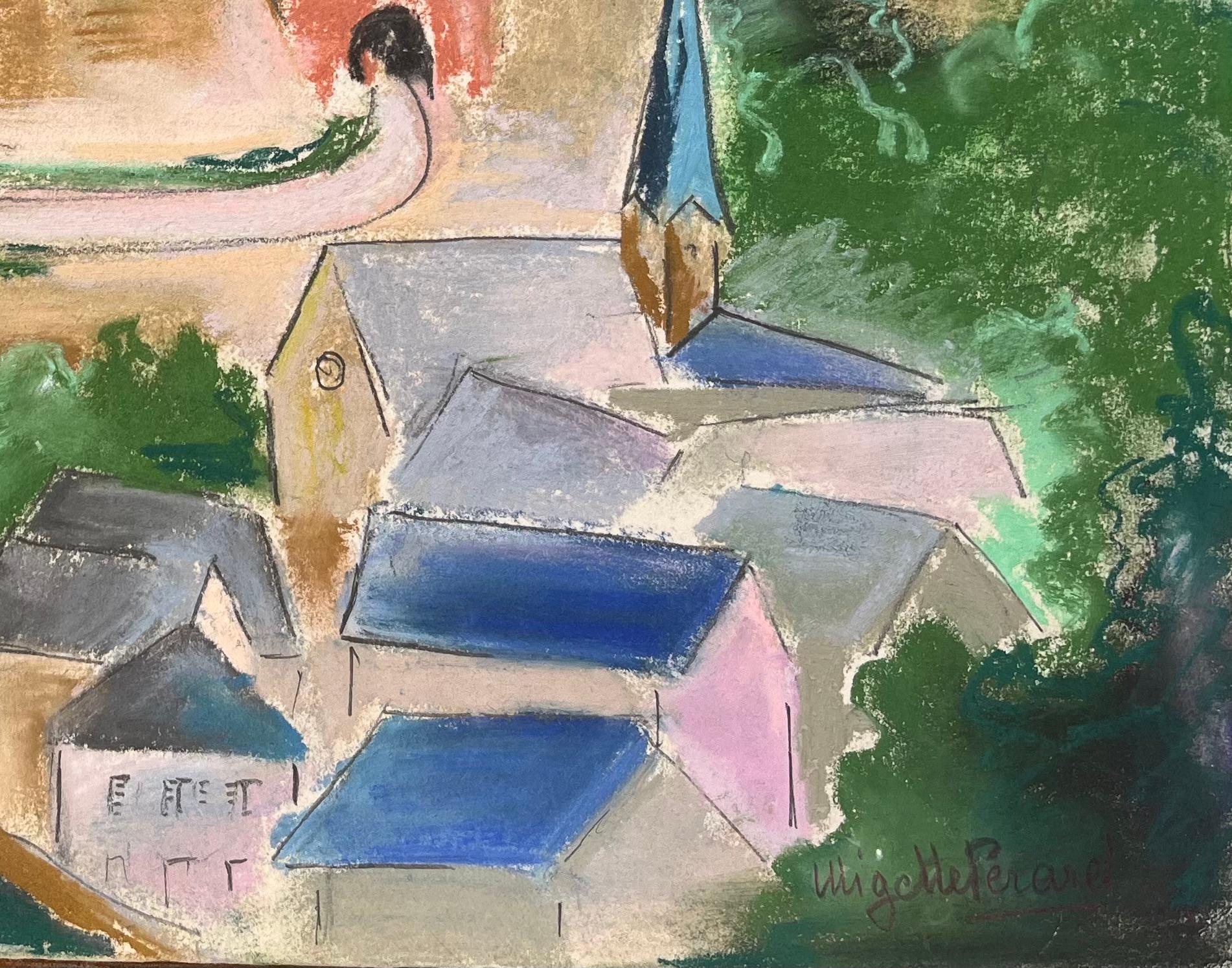 Pastel de mediados del siglo XX de la ciudad de Luxemburgo con el muro de fortificación y el río en venta 1