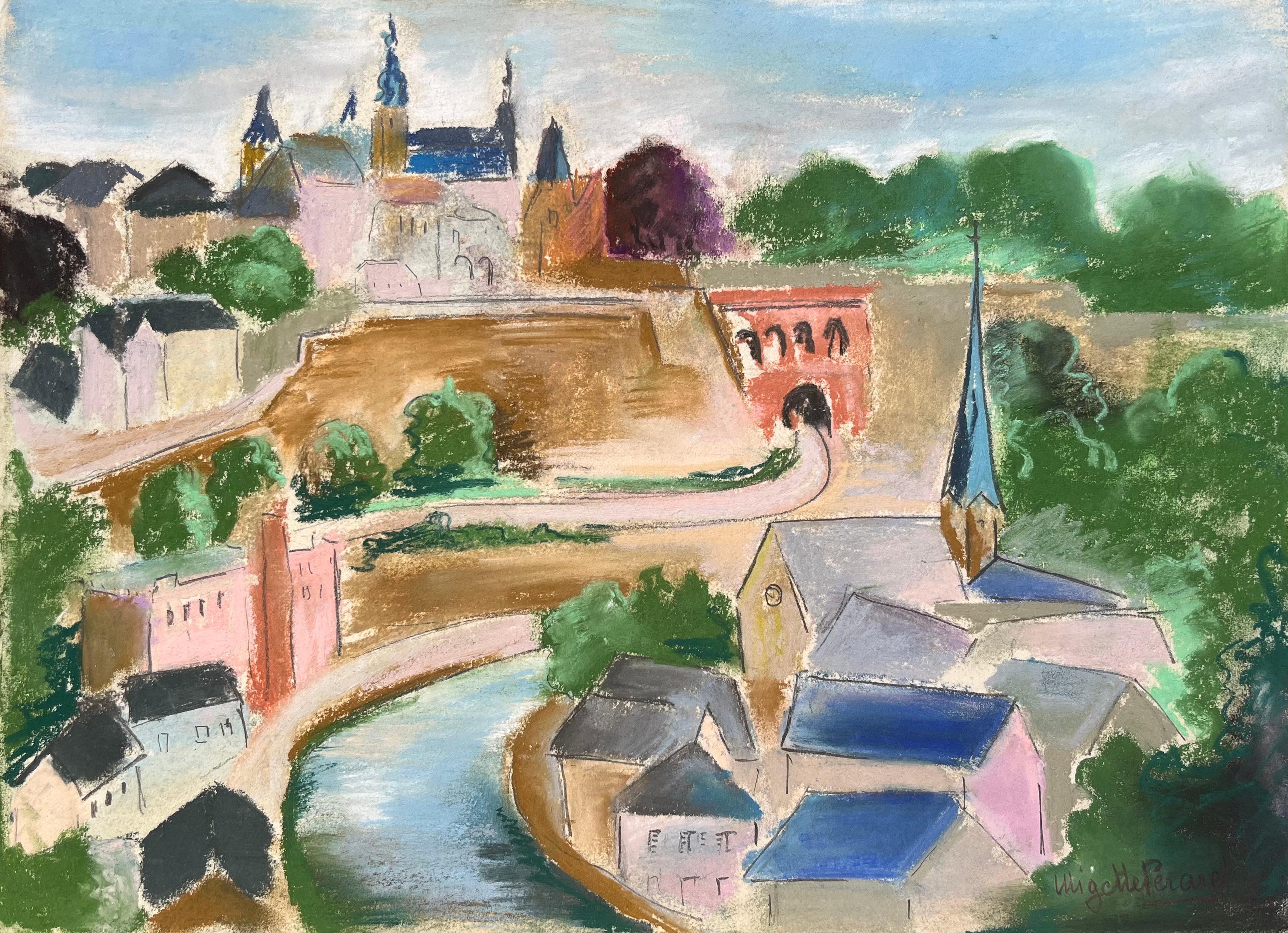 Landscape Painting de Anne Marie Migette Perard - Pastel de mediados del siglo XX de la ciudad de Luxemburgo con el muro de fortificación y el río