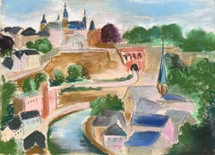 Pastel de la ville du Luxembourg avec fortification murale et rivière du milieu du 20e siècle