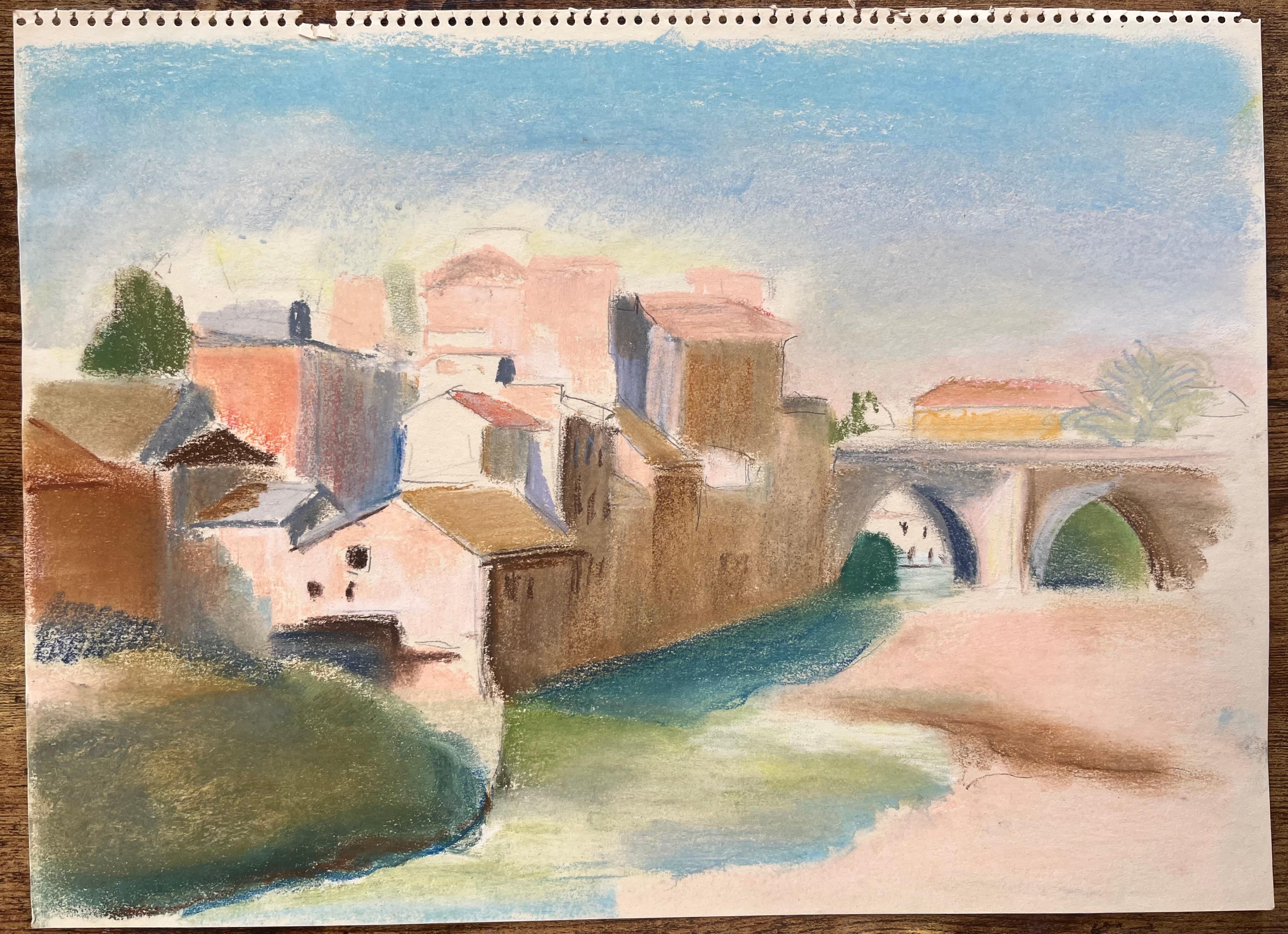 Pastello della metà del XX secolo con edifici sul lungofiume e ponte ad arco in pietra - Painting di Anne Marie Migette Perard