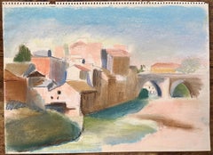 Pastello della metà del XX secolo con edifici sul lungofiume e ponte ad arco in pietra