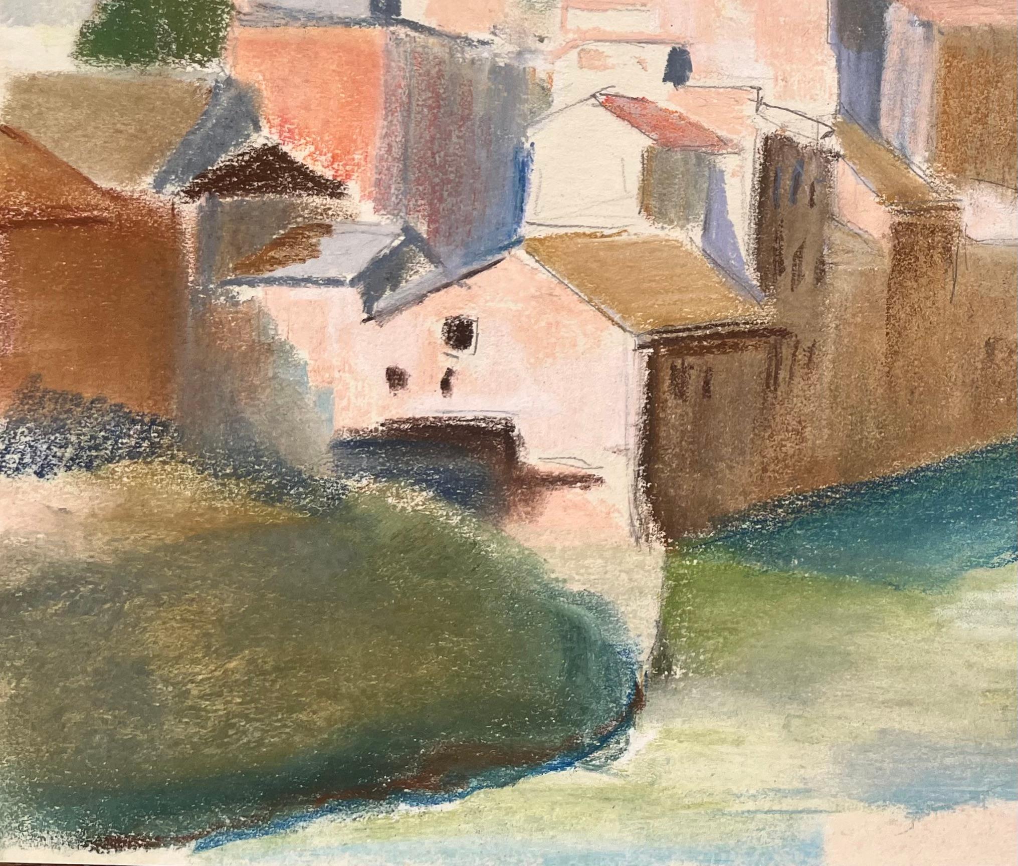 Pastello della metà del XX secolo con edifici sul lungofiume e ponte ad arco in pietra - Painting Postimpressionismo di Anne Marie Migette Perard