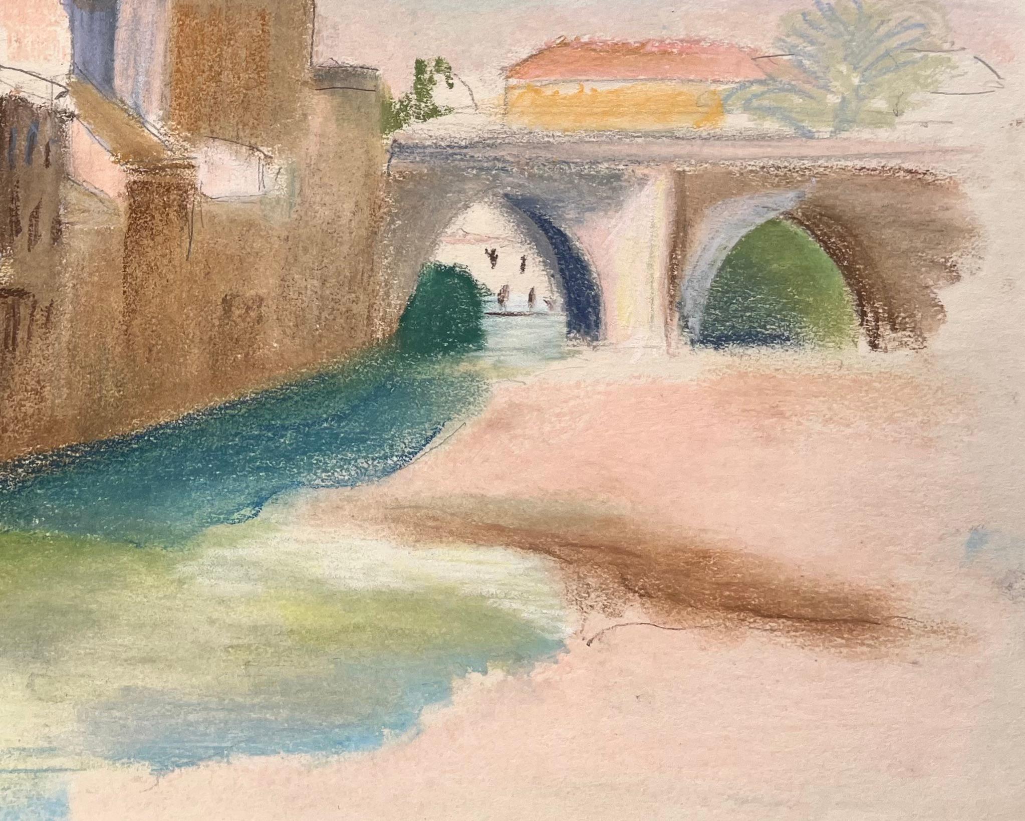Titolo: Pastello della metà del XX secolo con edifici sul lungofiume e ponte ad arco in pietra
di Anne Marie Migette Perard (francese, 1902-1977)
Medio: Pastello su carta non incorniciata
Dimensioni: 10,5 pollici (altezza) x 14,5 pollici (larghezza)