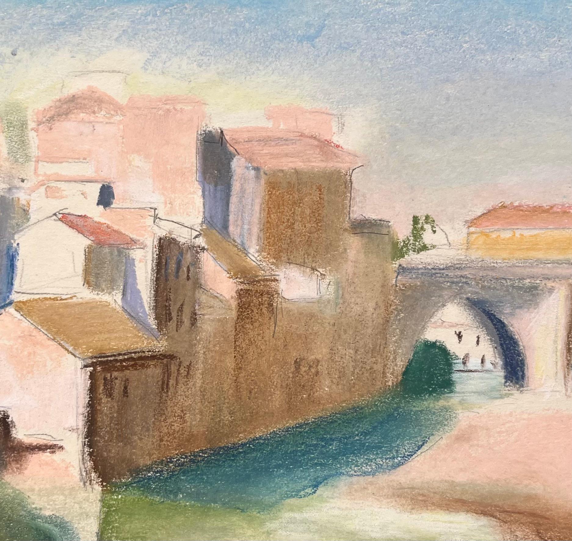 Pastello della metà del XX secolo con edifici sul lungofiume e ponte ad arco in pietra in vendita 2
