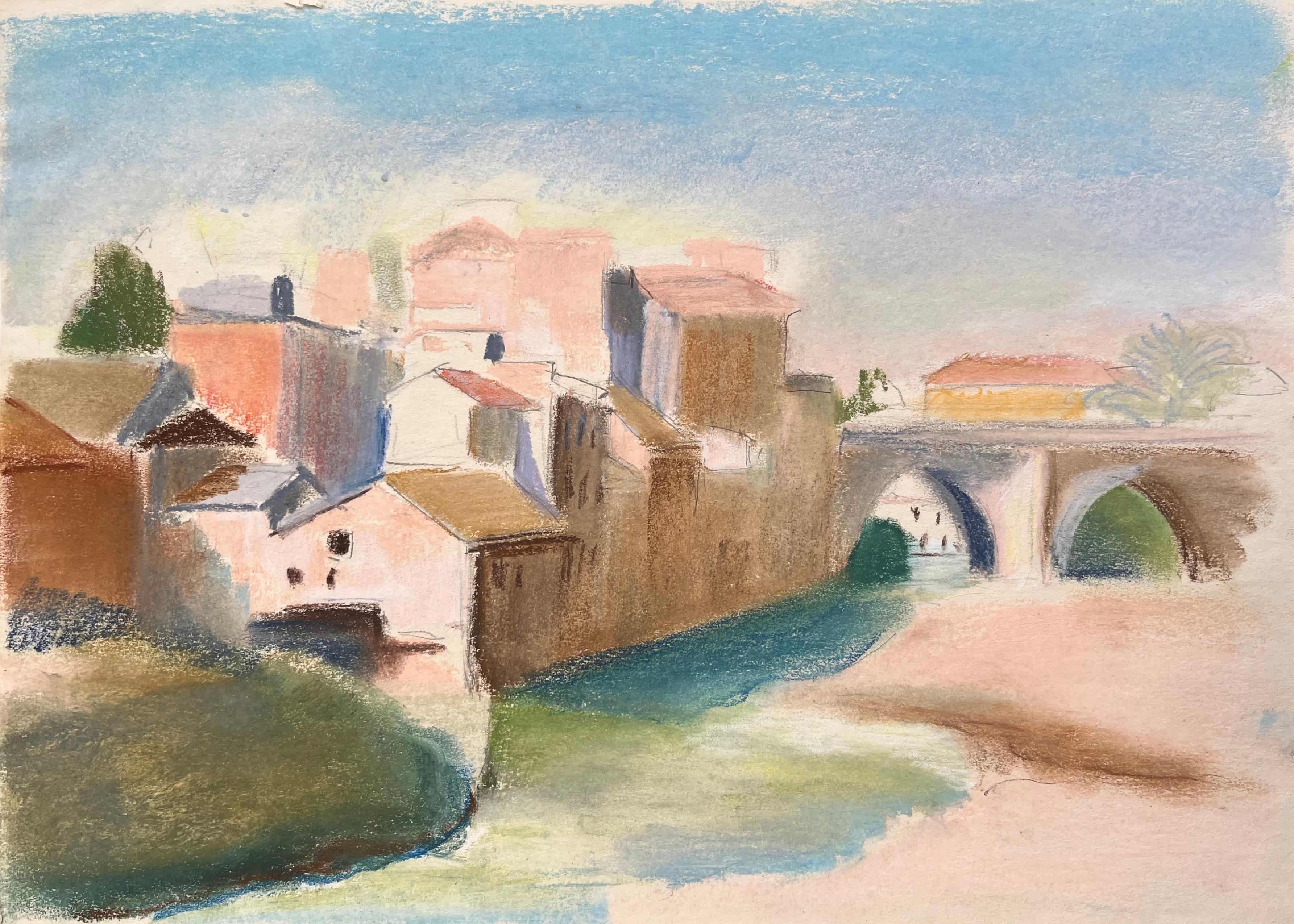 Figurative Painting di Anne Marie Migette Perard - Pastello della metà del XX secolo con edifici sul lungofiume e ponte ad arco in pietra