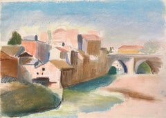 Mid-20th Century Pastel of Riverside Buildings and Arched Stone Bridge