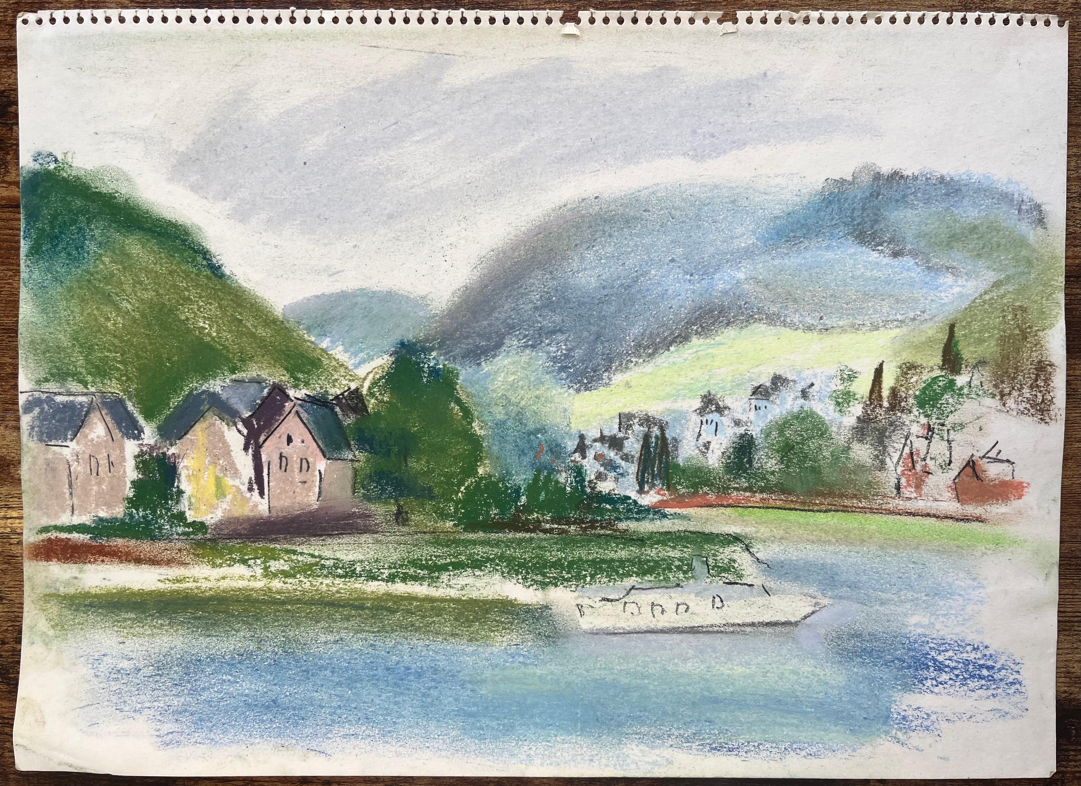 Pastel de village et de bateaux de bord de rivière en France du milieu du 20e siècle - Painting de Anne Marie Migette Perard