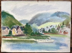 Mid-20th Century Pastel of Riverside Village and Boat in France