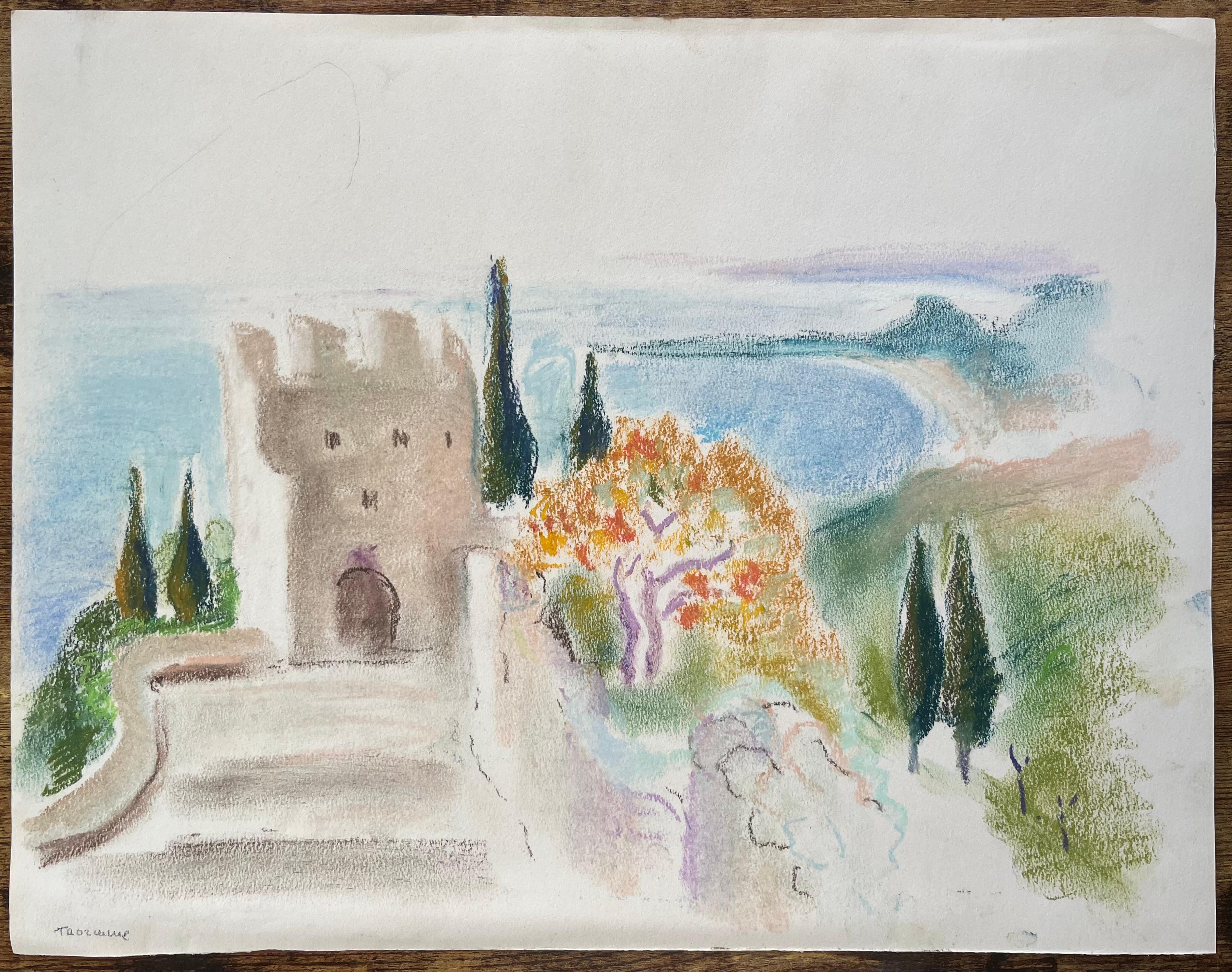 Pastel de mediados del siglo XX de una fortaleza junto al mar y la costa mediterránea - Painting de Anne Marie Migette Perard