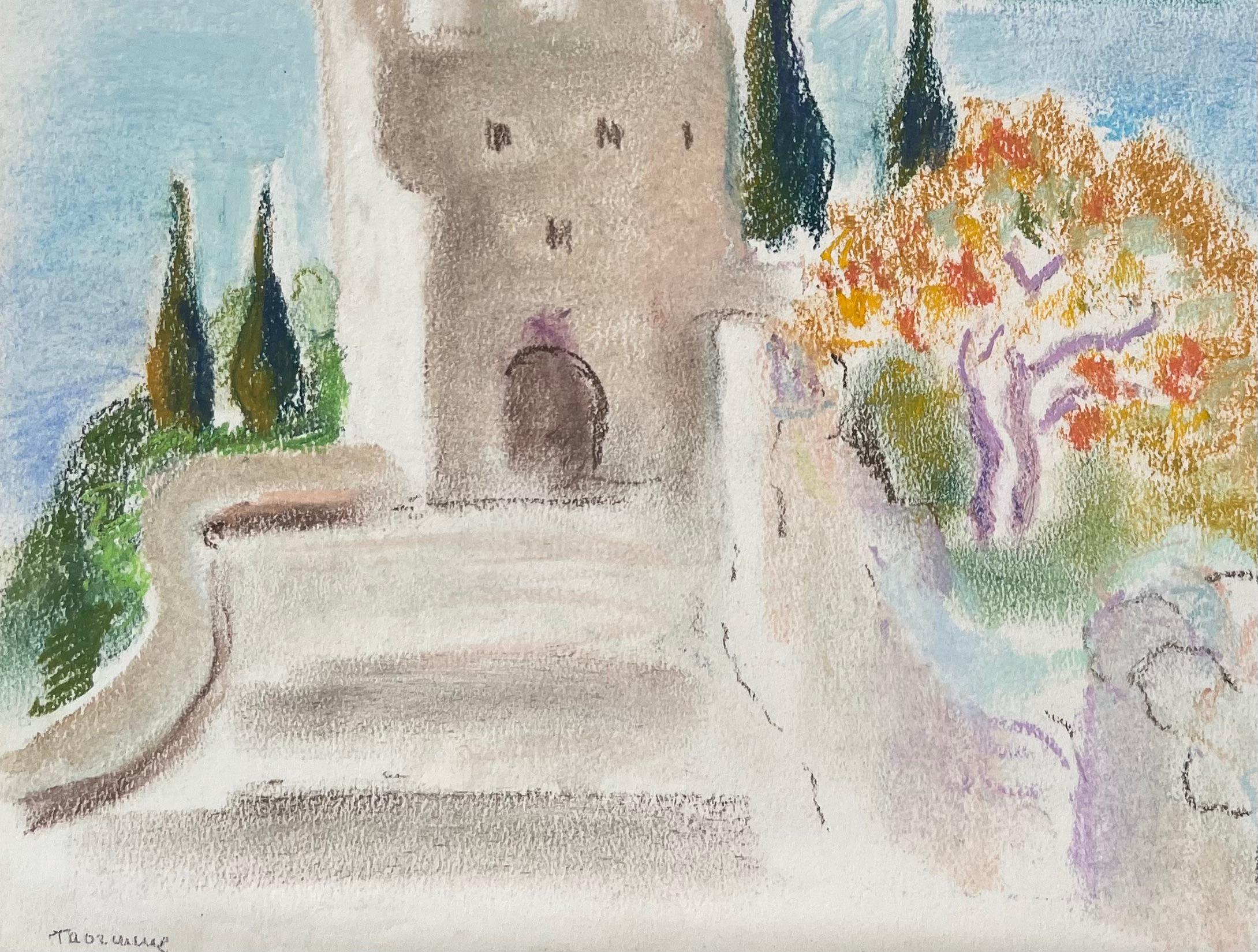Pastel de mediados del siglo XX de una fortaleza junto al mar y la costa mediterránea - Figurative Painting Gris de Anne Marie Migette Perard